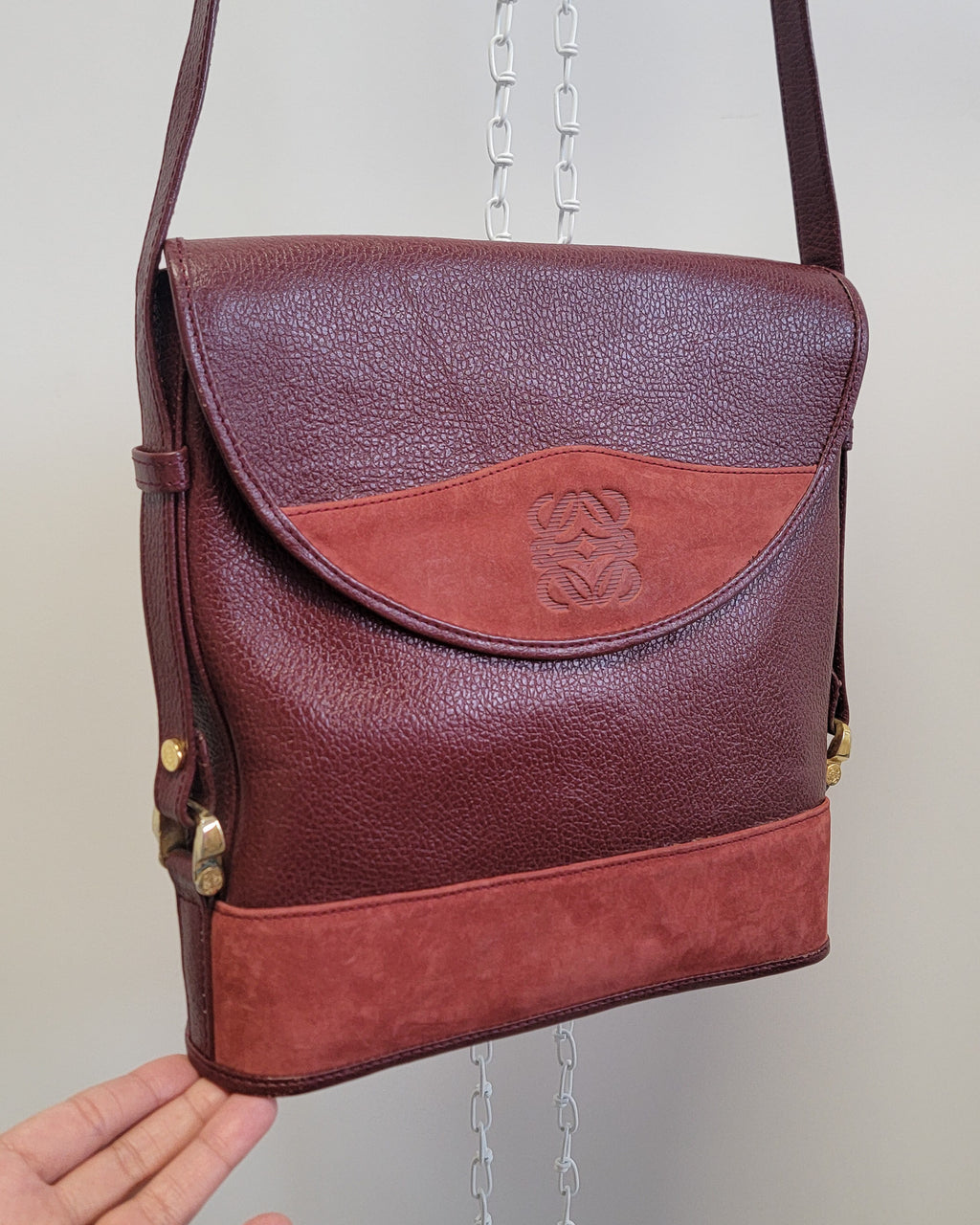 90s Authentic Loewe Monogram Leather & Nubuck Oxblood Shoulder Bag