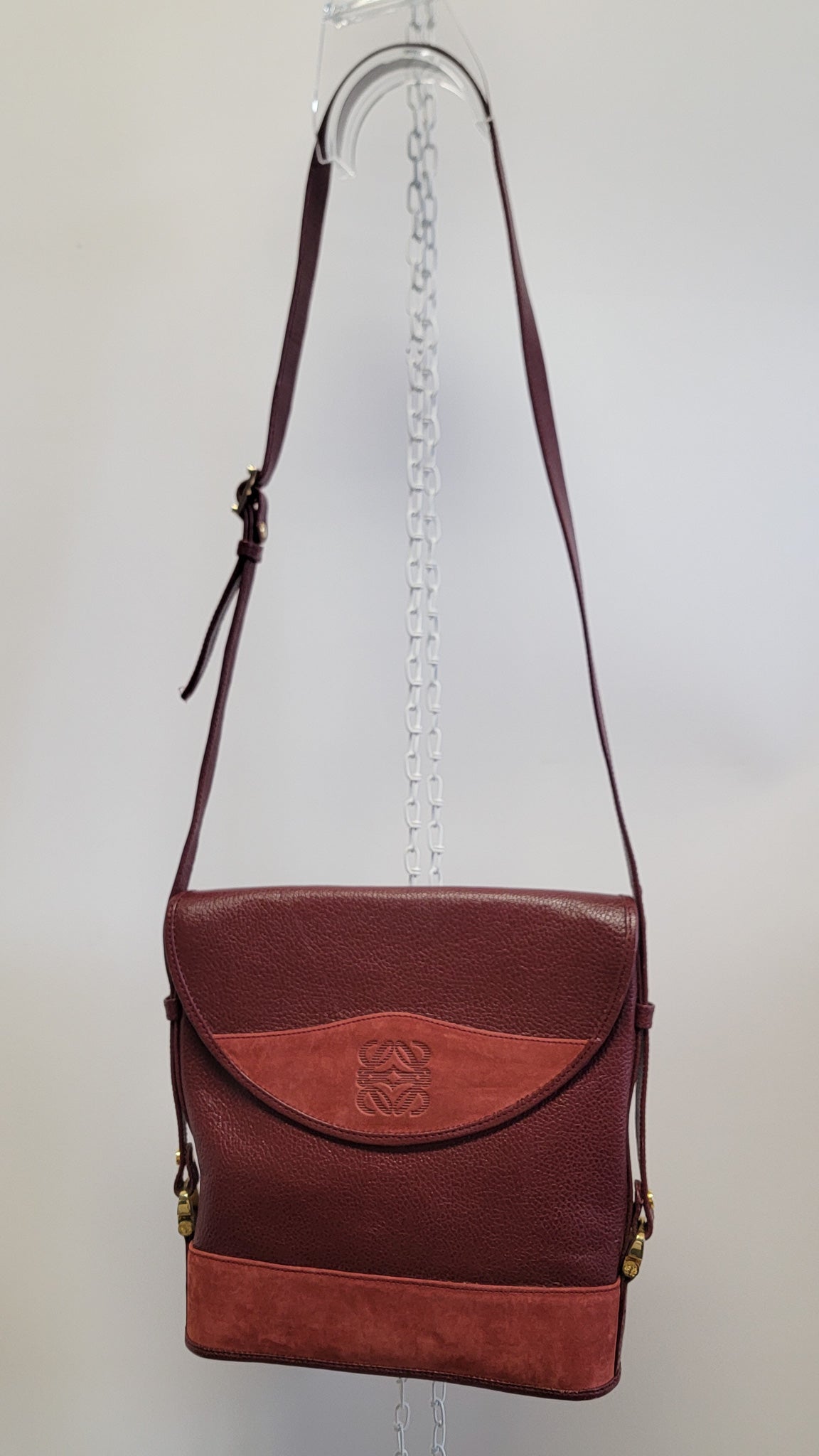 90s Authentic Loewe Monogram Leather & Nubuck Oxblood Shoulder Bag