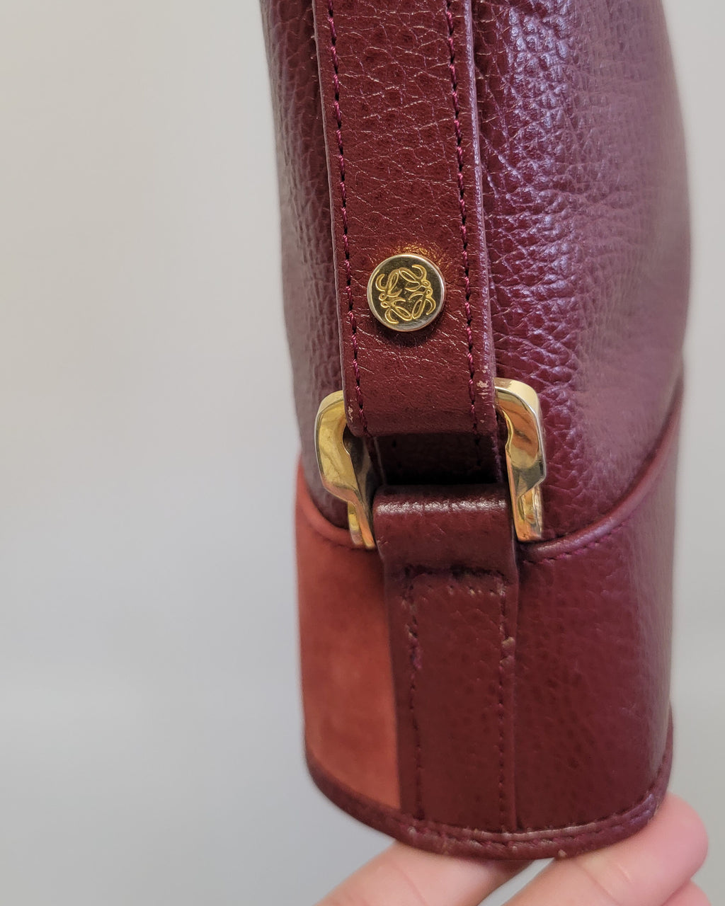 90s Authentic Loewe Monogram Leather & Nubuck Oxblood Shoulder Bag