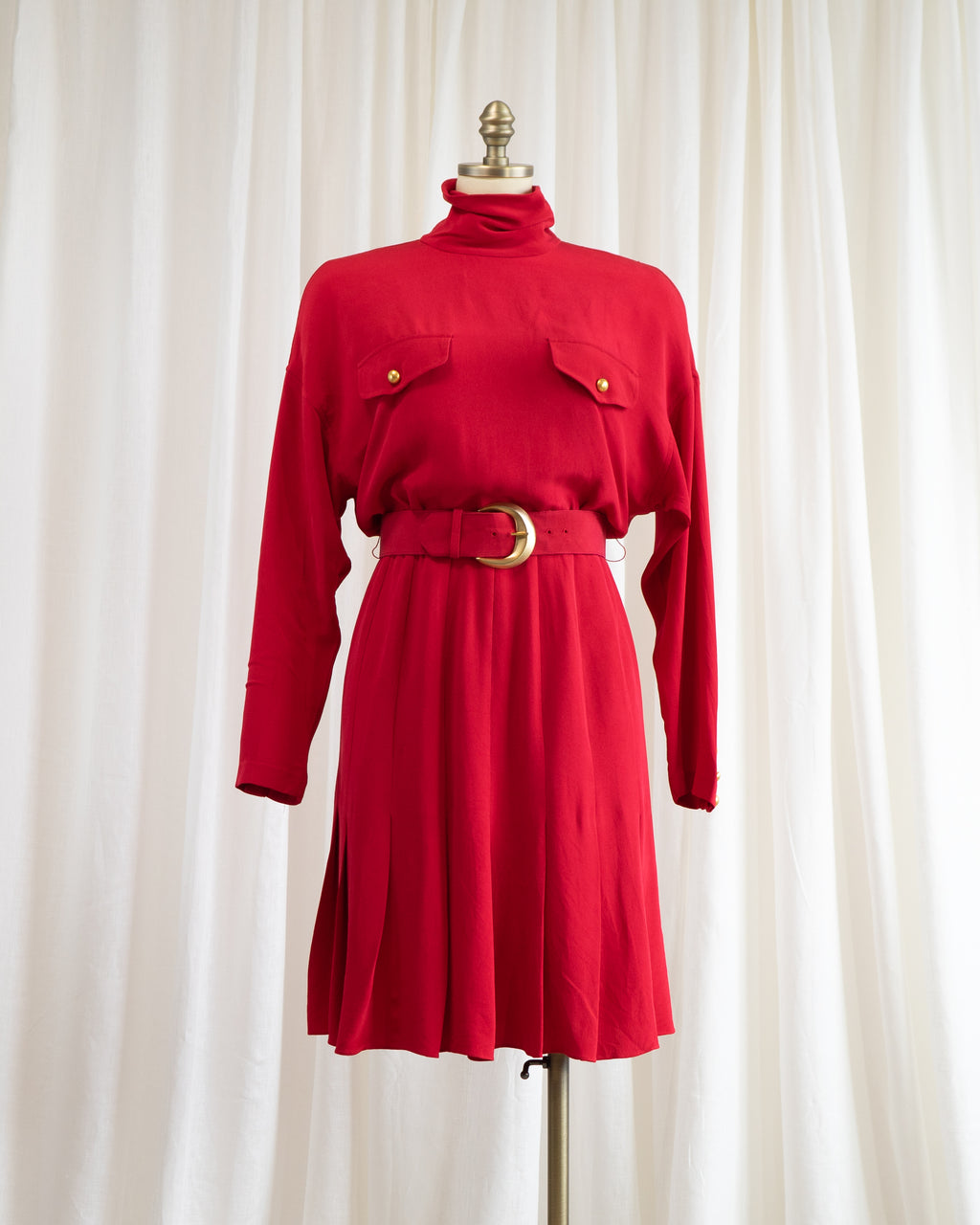 1990s Dana Buchman Pure Silk Poppy Red Fitted Dress & Belt