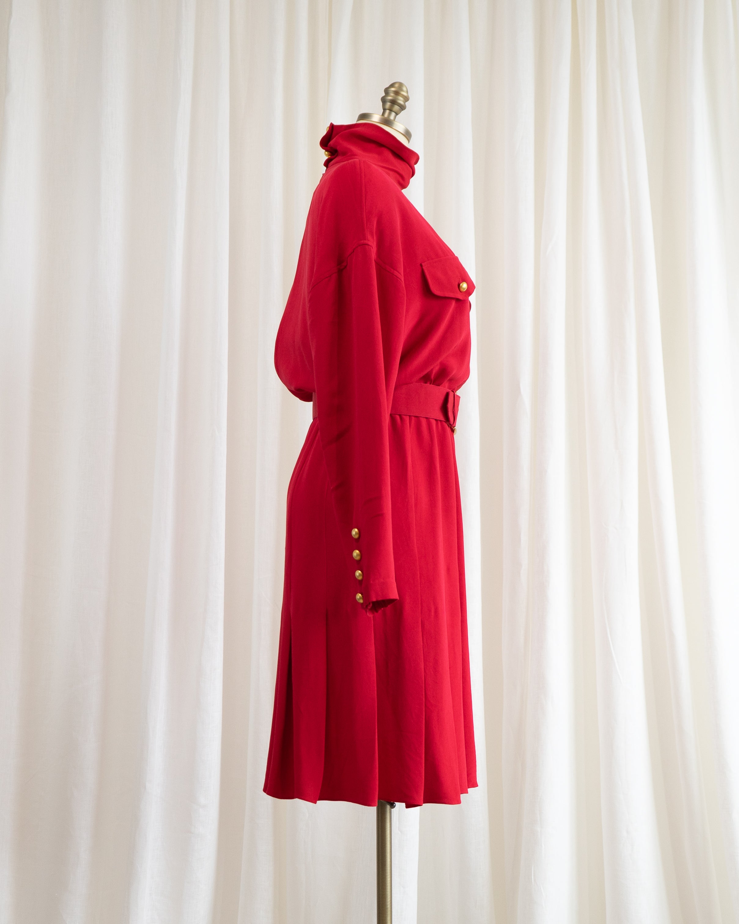 1990s Dana Buchman Pure Silk Poppy Red Fitted Dress & Belt