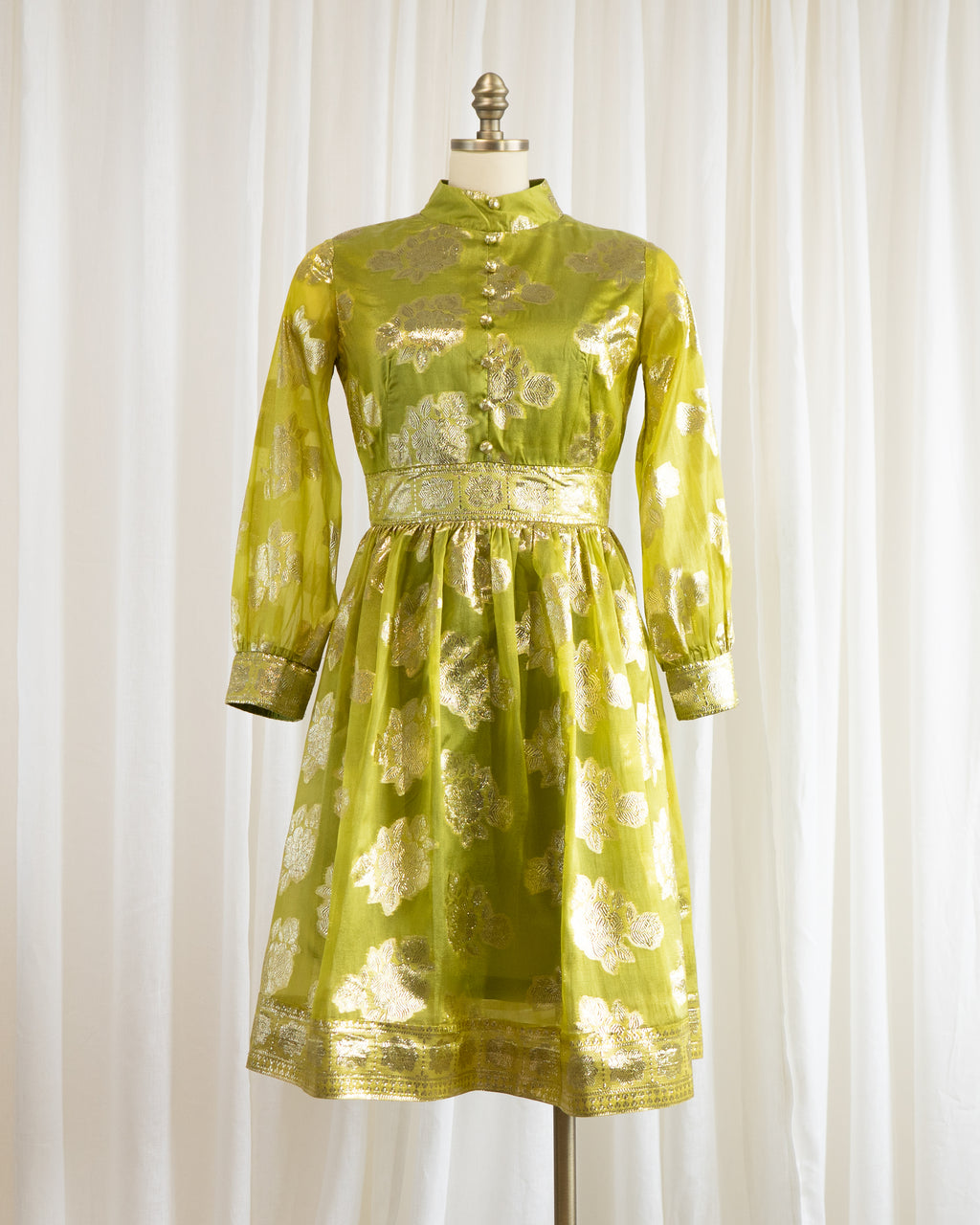 60s Brocade Lamé Silk Sari Chartreuse Cocktail Dress