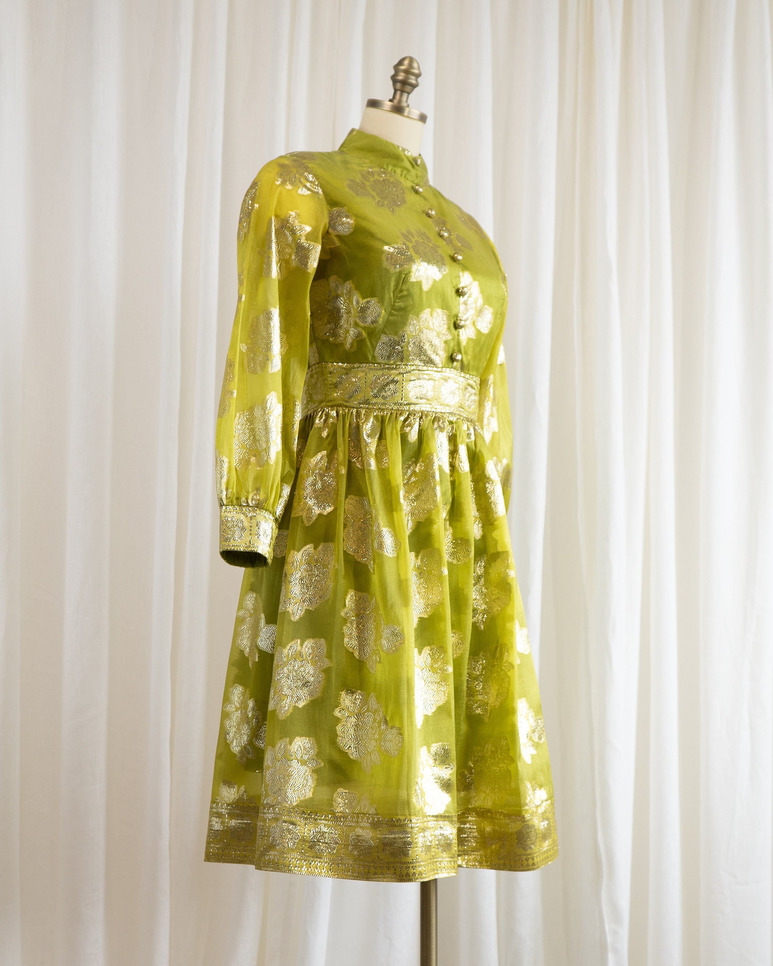 60s Brocade Lamé Silk Sari Chartreuse Cocktail Dress