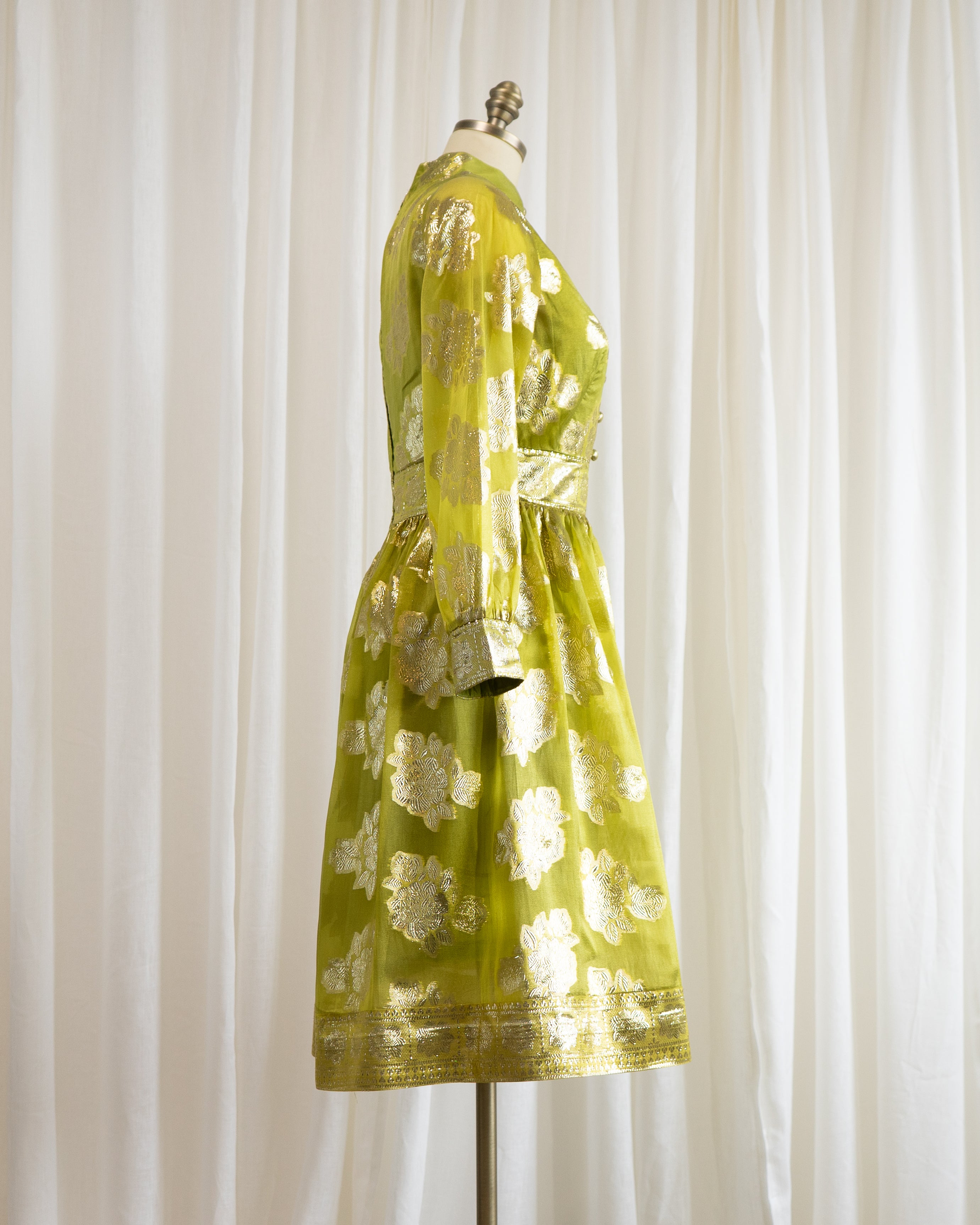 60s Brocade Lamé Silk Sari Chartreuse Cocktail Dress