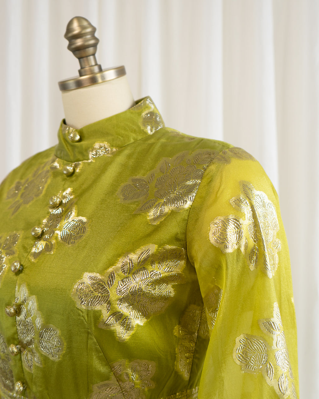 60s Brocade Lamé Silk Sari Chartreuse Cocktail Dress