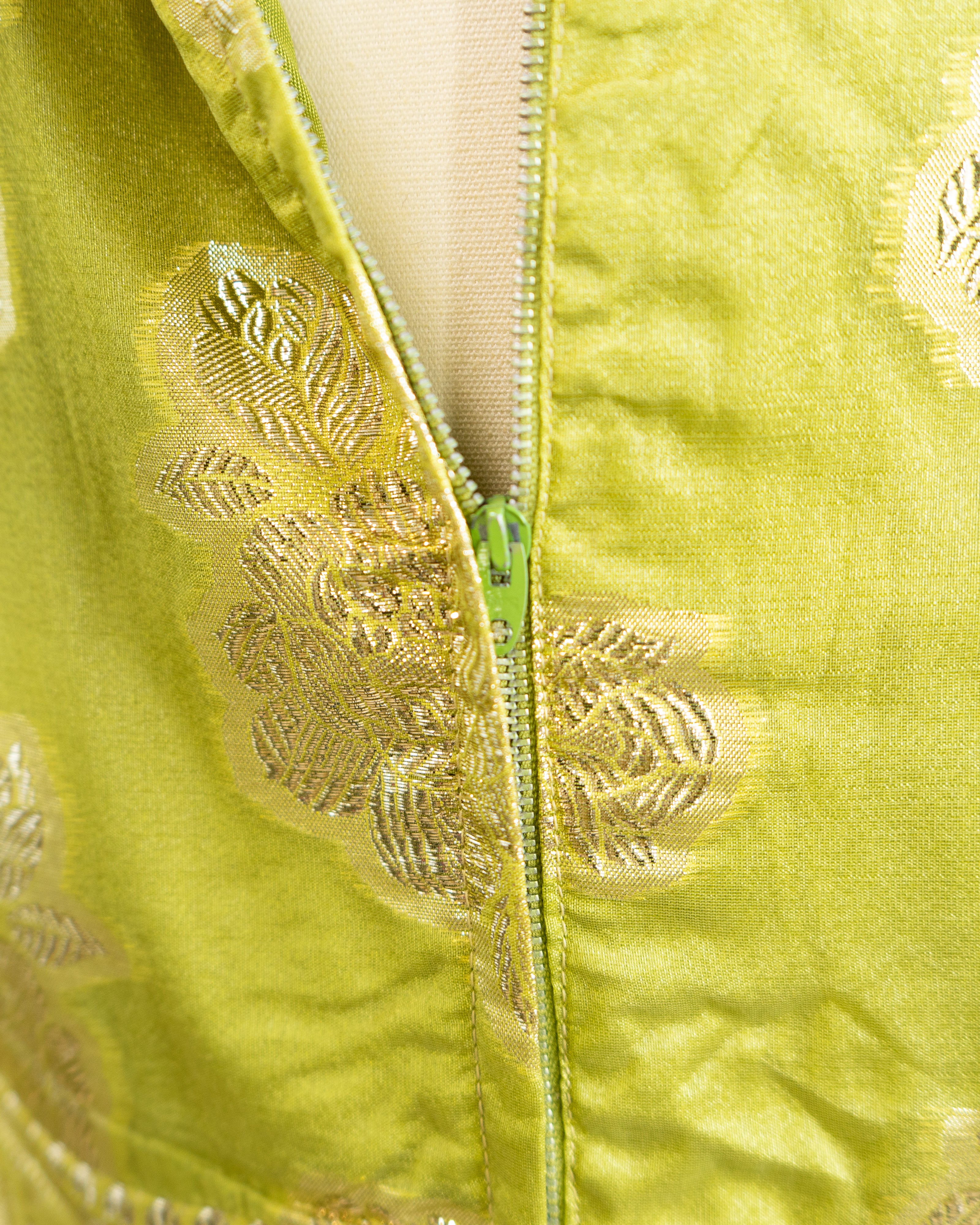 60s Brocade Lamé Silk Sari Chartreuse Cocktail Dress