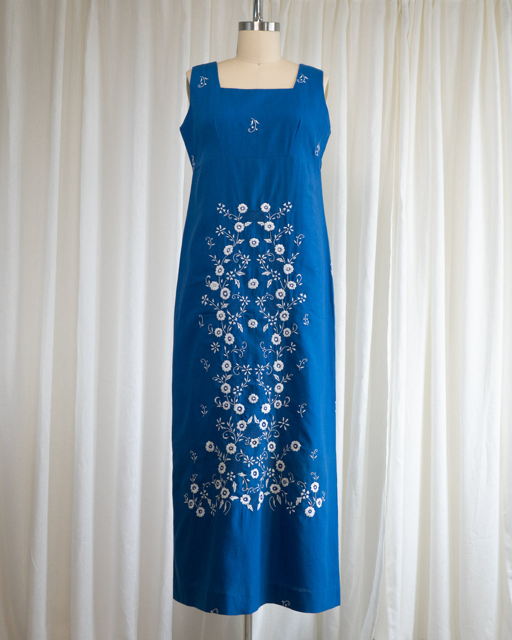 1970s Soft Blue Cotton Tank Dress w White Flowers & Eyelet Embroidery