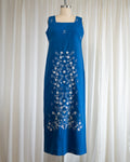 70s Blue Cotton Tank Dress w White Floral Eyelet Embroidery