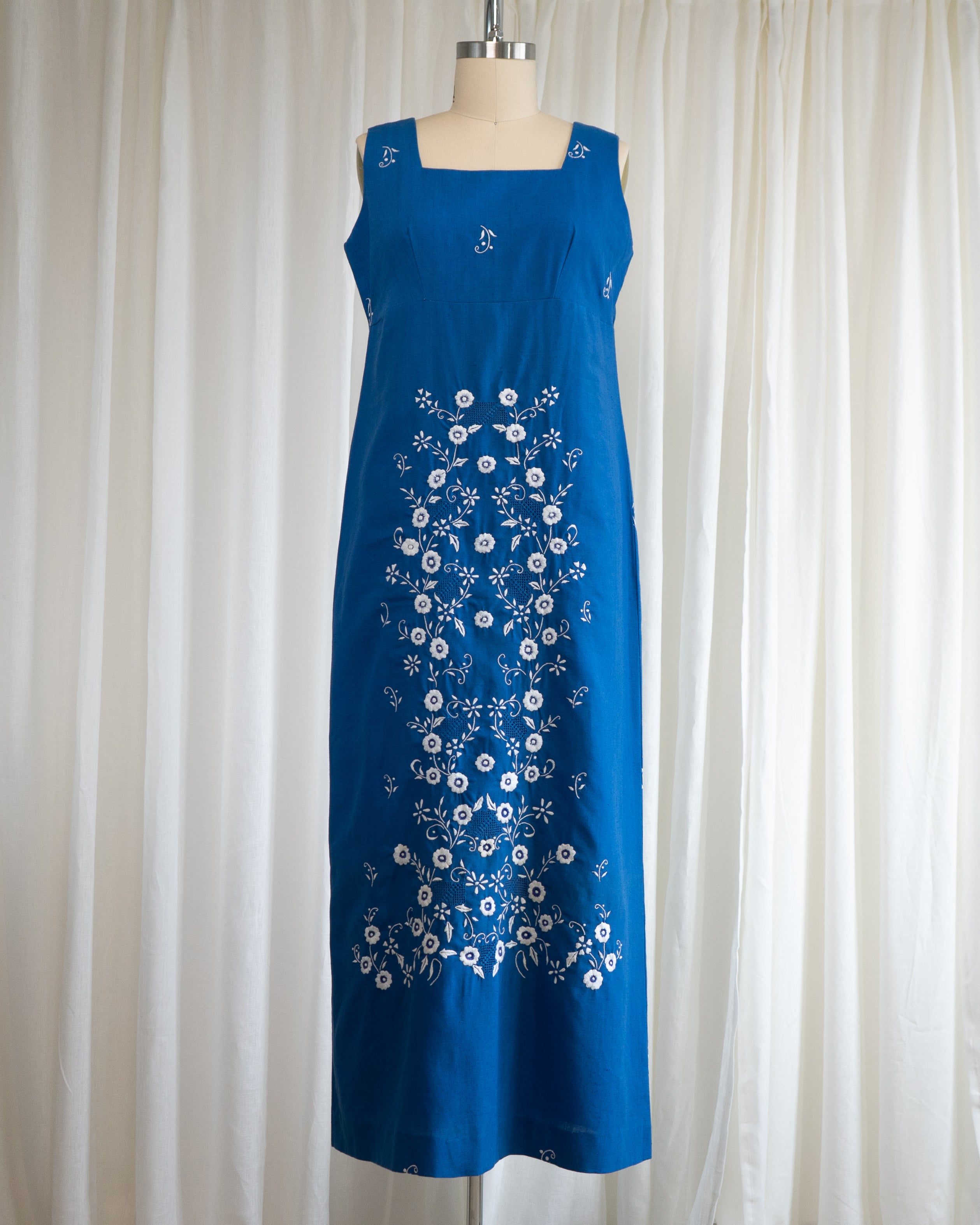 1970s Soft Blue Cotton Tank Dress w White Flowers & Eyelet Embroidery