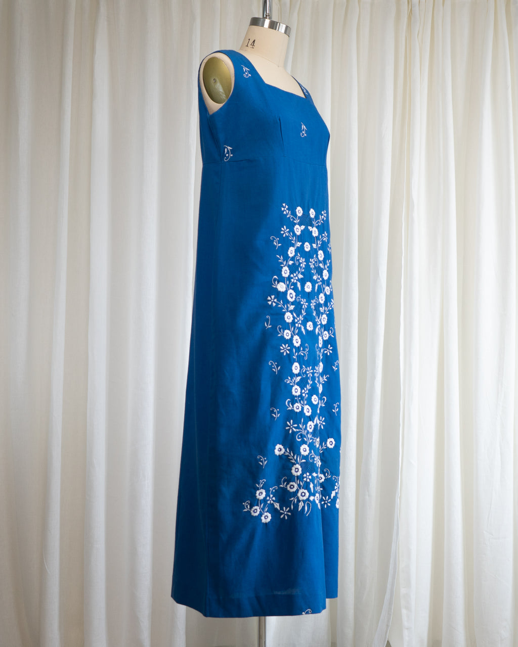 1970s Soft Blue Cotton Tank Dress w White Flowers & Eyelet Embroidery