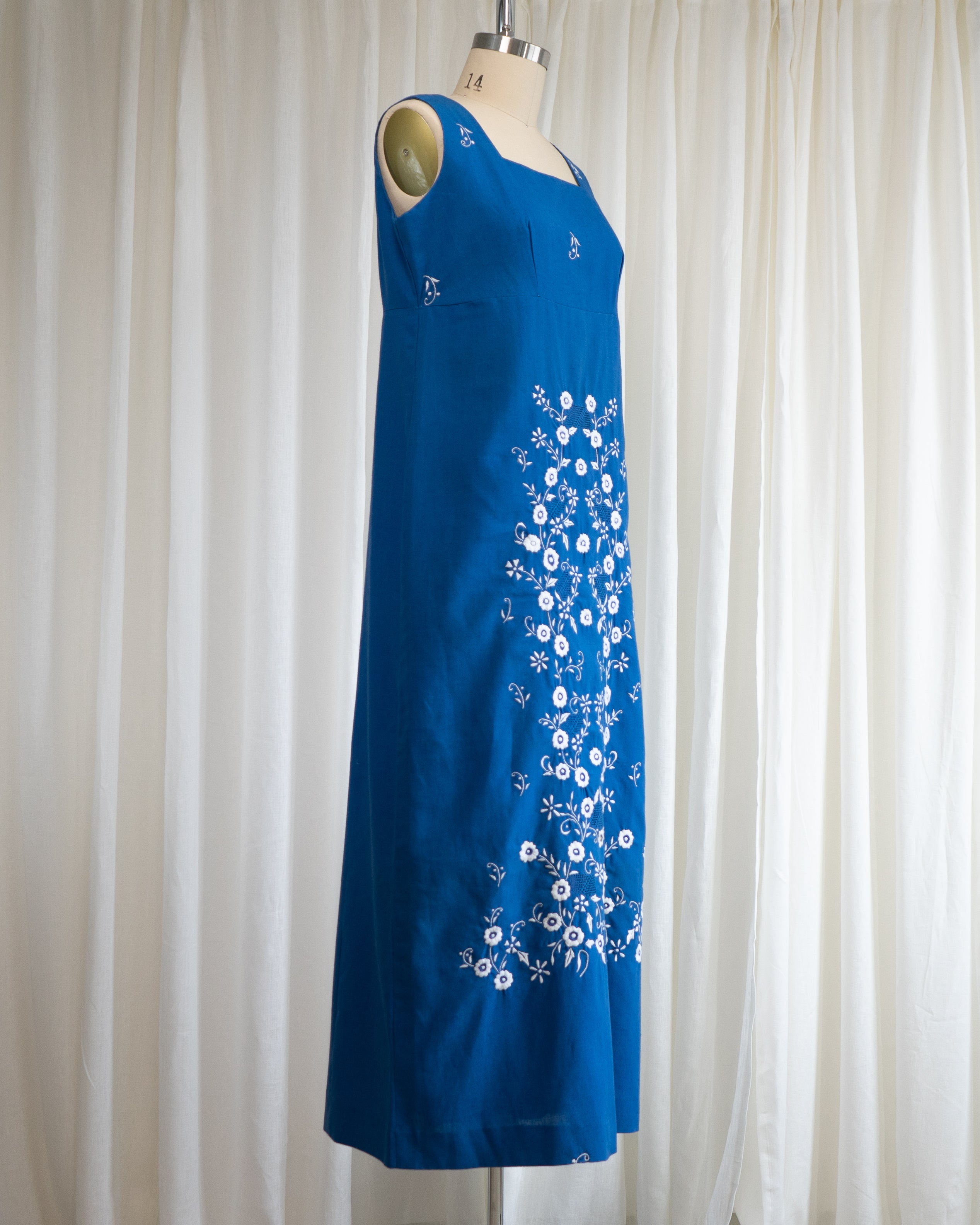 1970s Soft Blue Cotton Tank Dress w White Flowers & Eyelet Embroidery