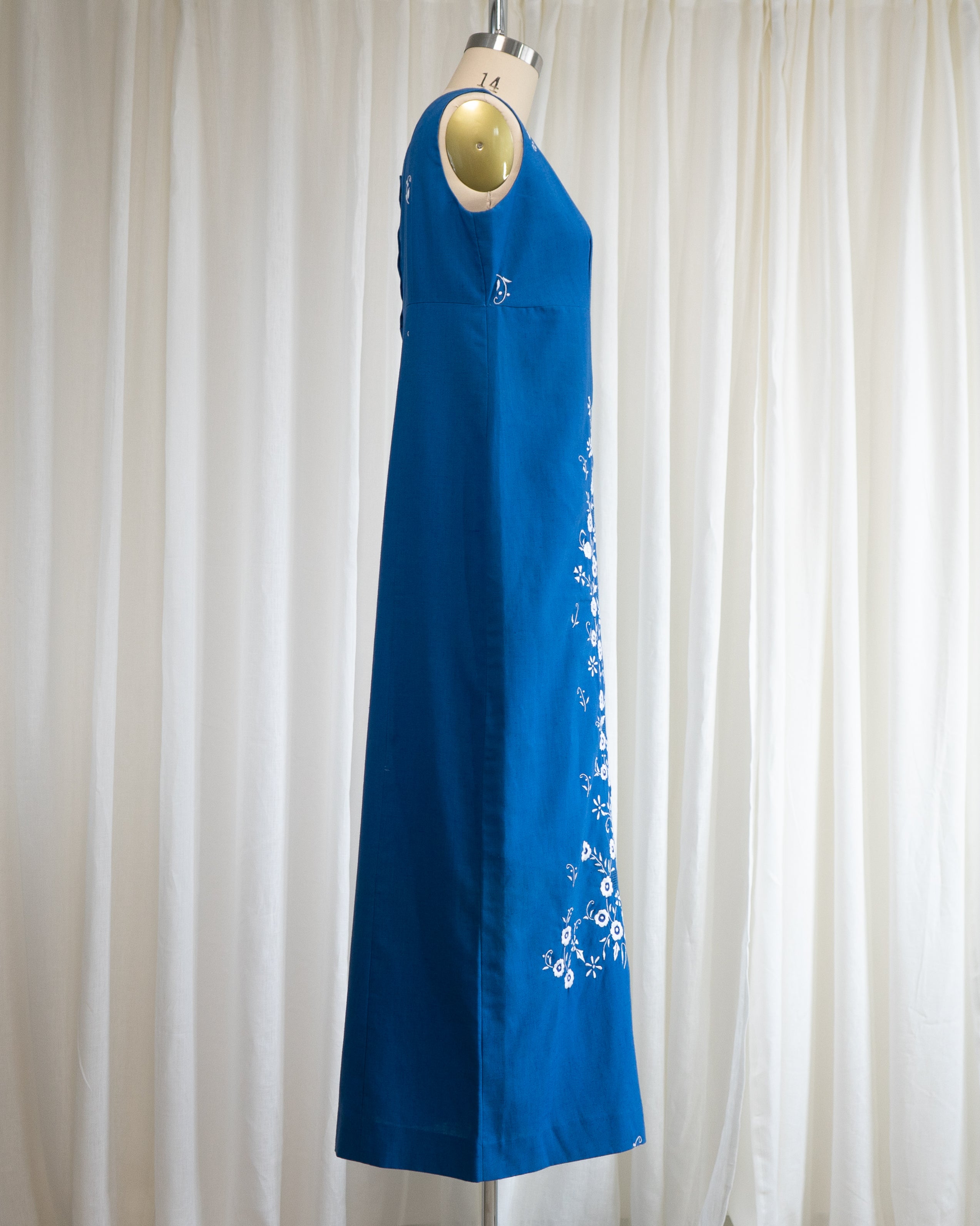 1970s Soft Blue Cotton Tank Dress w White Flowers & Eyelet Embroidery