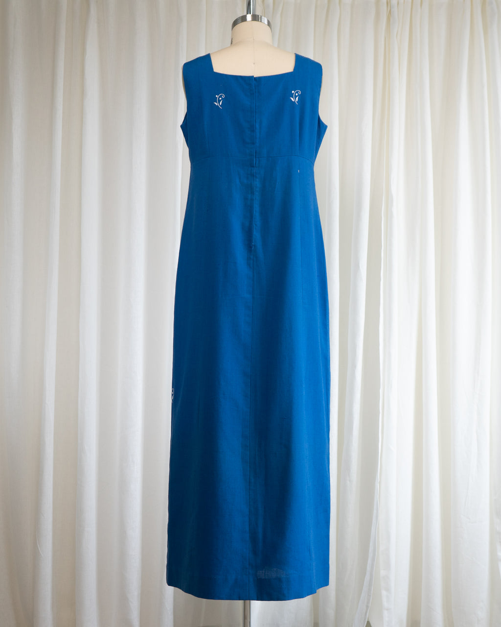 1970s Soft Blue Cotton Tank Dress w White Flowers & Eyelet Embroidery