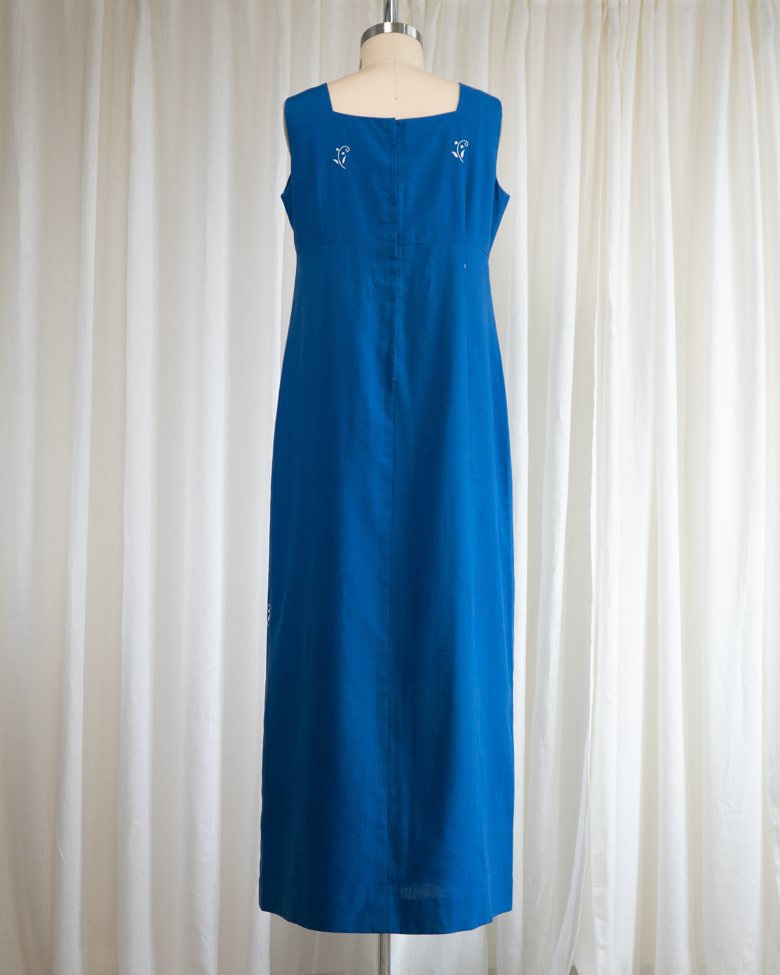 1970s Soft Blue Cotton Tank Dress w White Flowers & Eyelet Embroidery