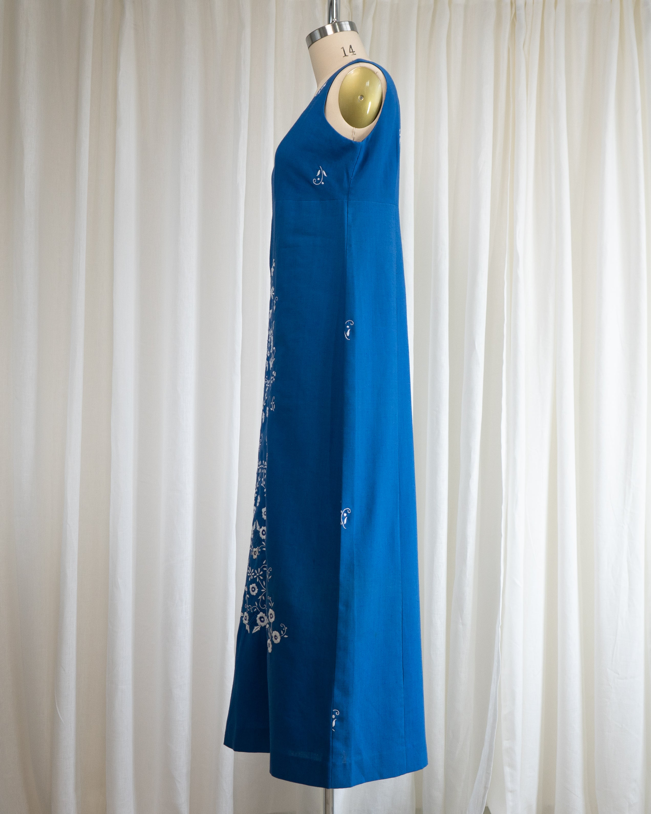 1970s Soft Blue Cotton Tank Dress w White Flowers & Eyelet Embroidery