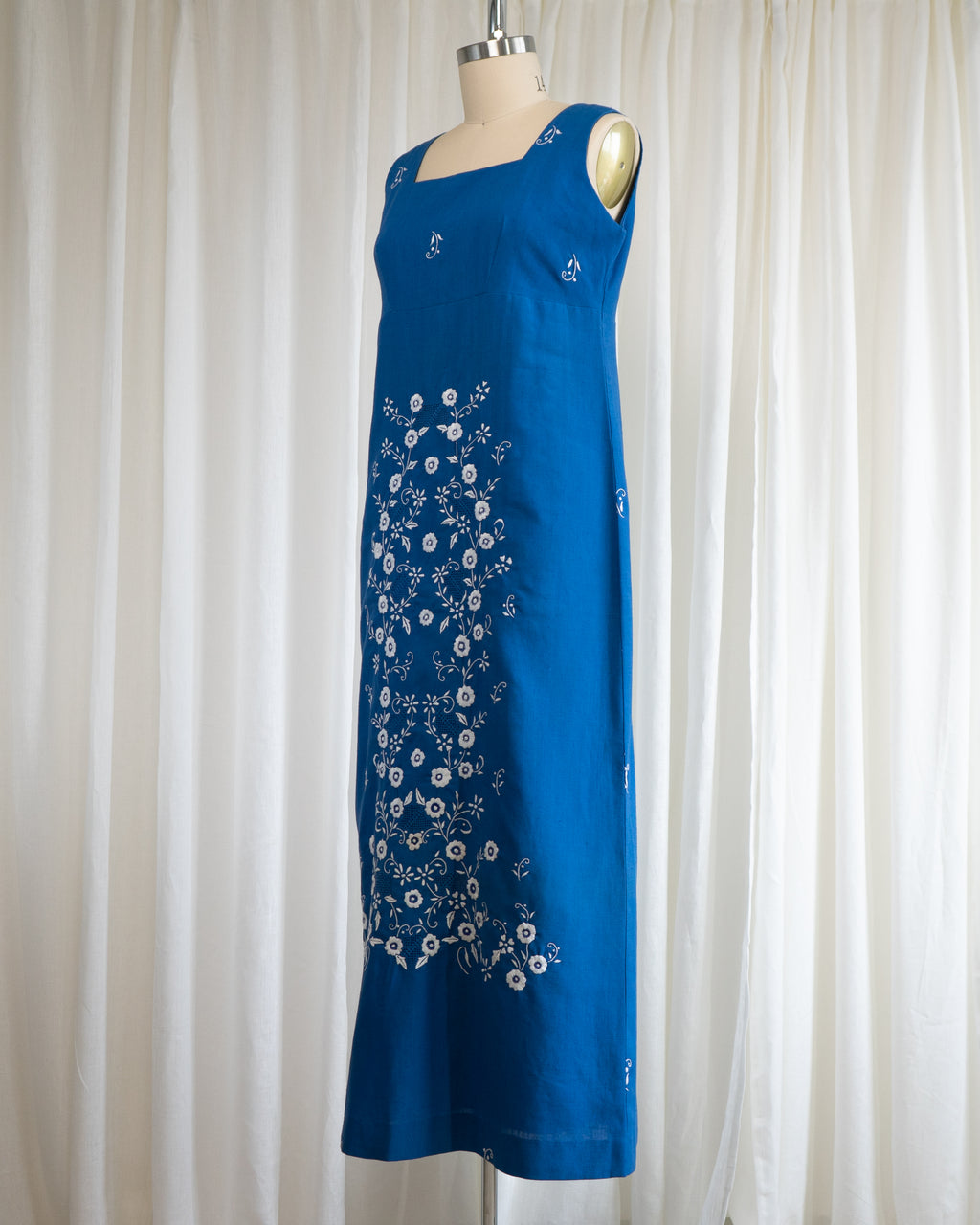 1970s Soft Blue Cotton Tank Dress w White Flowers & Eyelet Embroidery