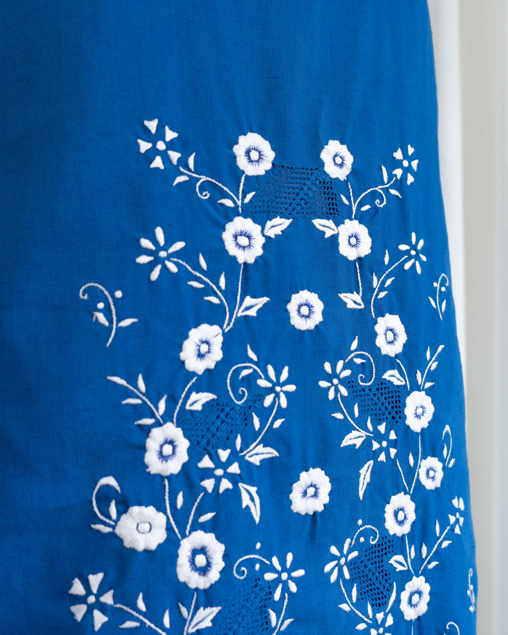 1970s Soft Blue Cotton Tank Dress w White Flowers & Eyelet Embroidery