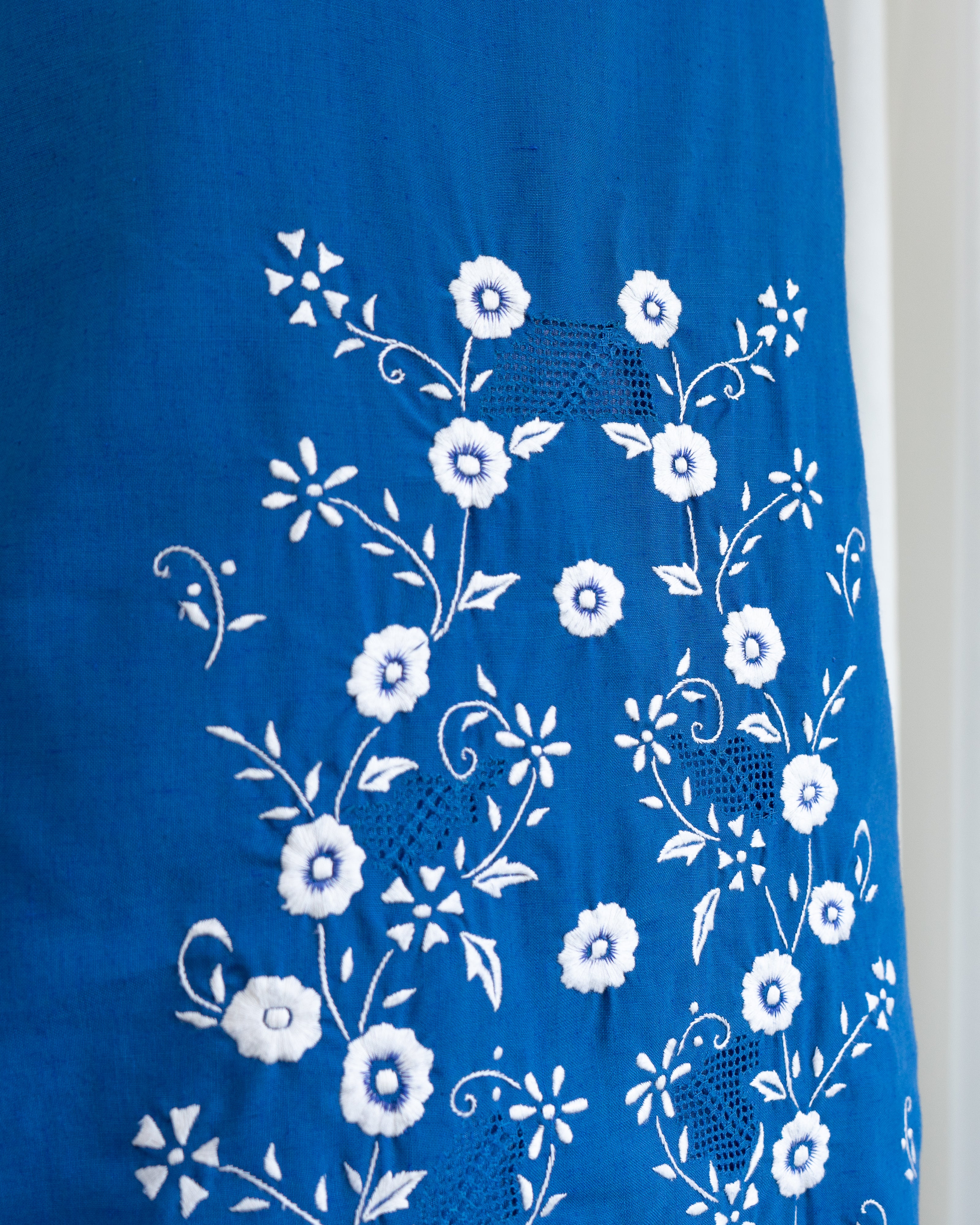 1970s Soft Blue Cotton Tank Dress w White Flowers & Eyelet Embroidery