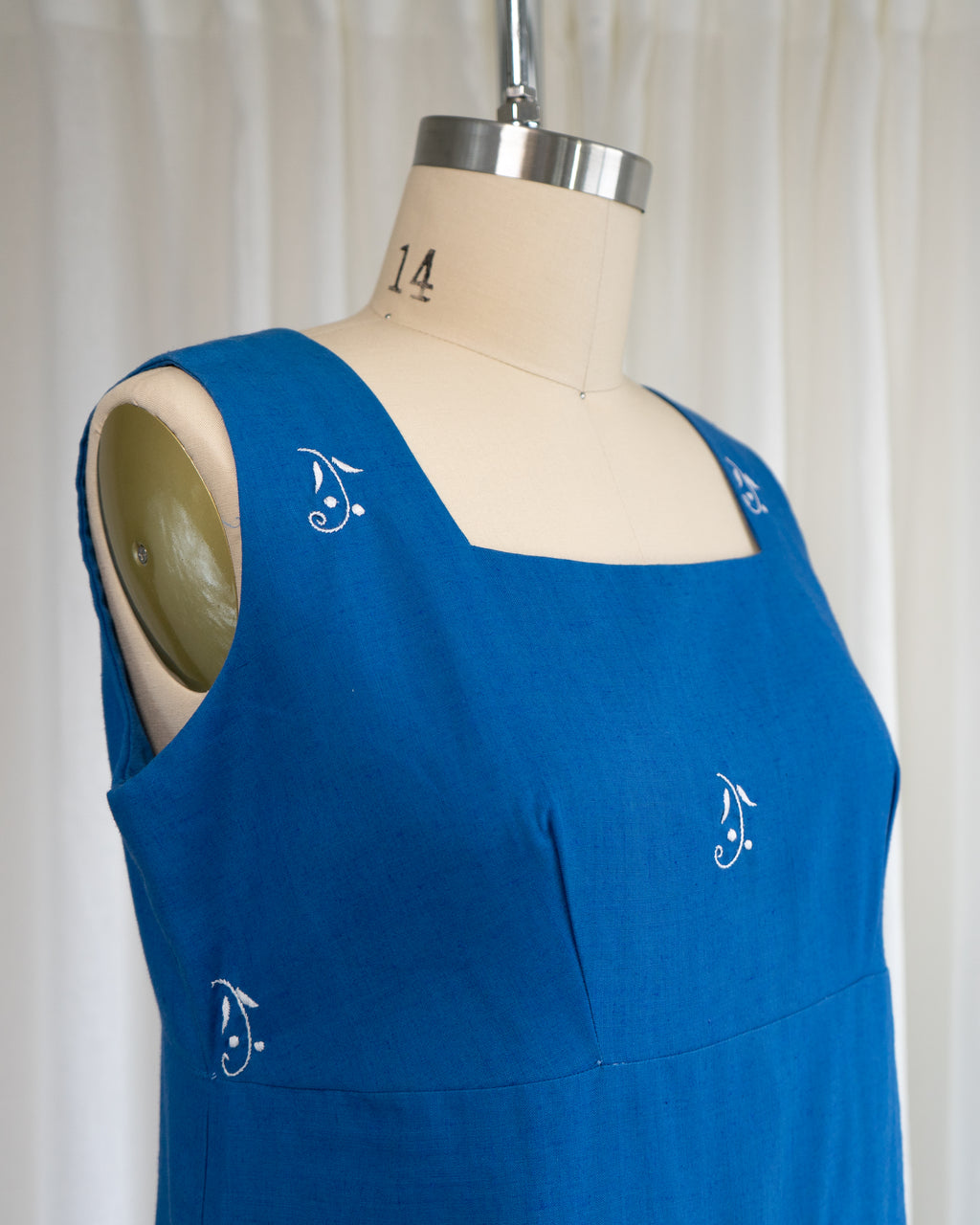 1970s Soft Blue Cotton Tank Dress w White Flowers & Eyelet Embroidery