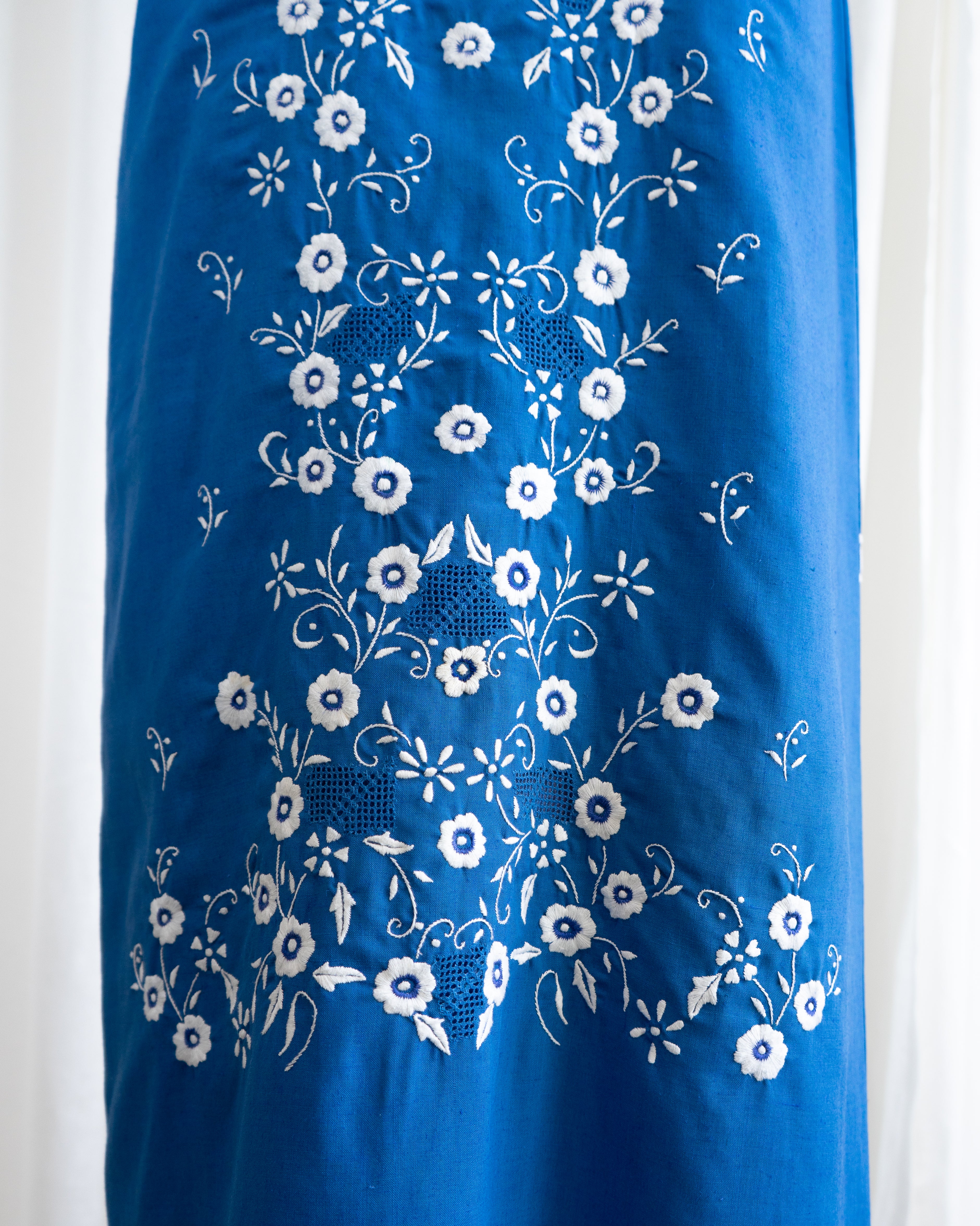 1970s Soft Blue Cotton Tank Dress w White Flowers & Eyelet Embroidery
