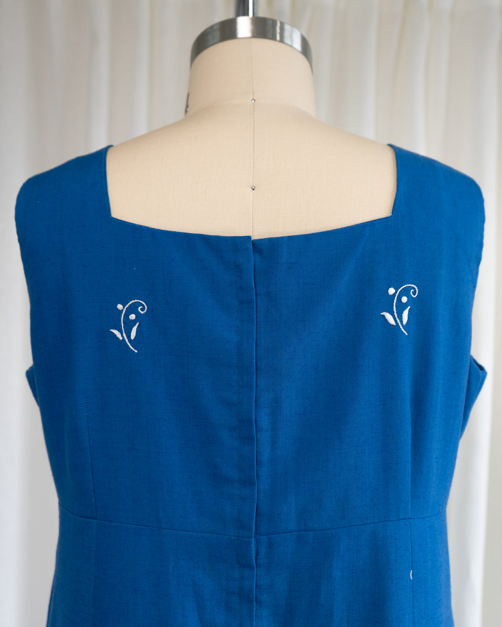 1970s Soft Blue Cotton Tank Dress w White Flowers & Eyelet Embroidery