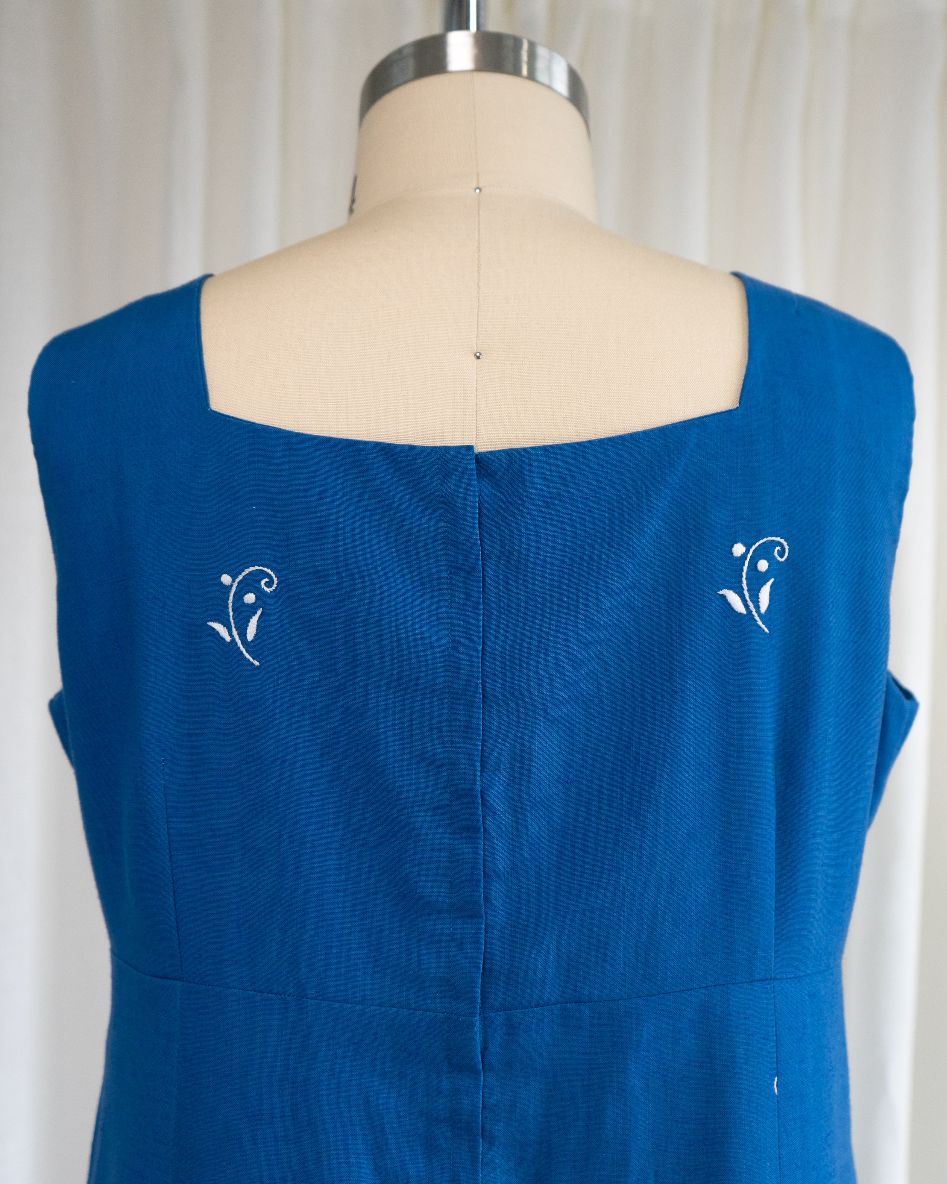 1970s Soft Blue Cotton Tank Dress w White Flowers & Eyelet Embroidery