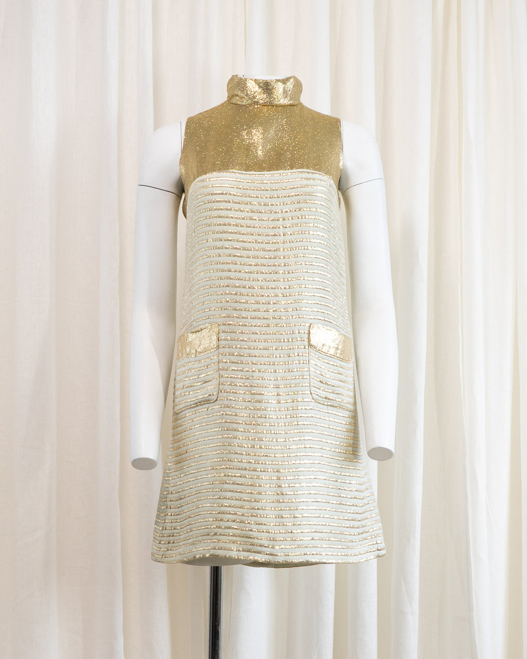 1960s Rhona Roy Gold Lamé Puffy Collar Striped Mini Dress