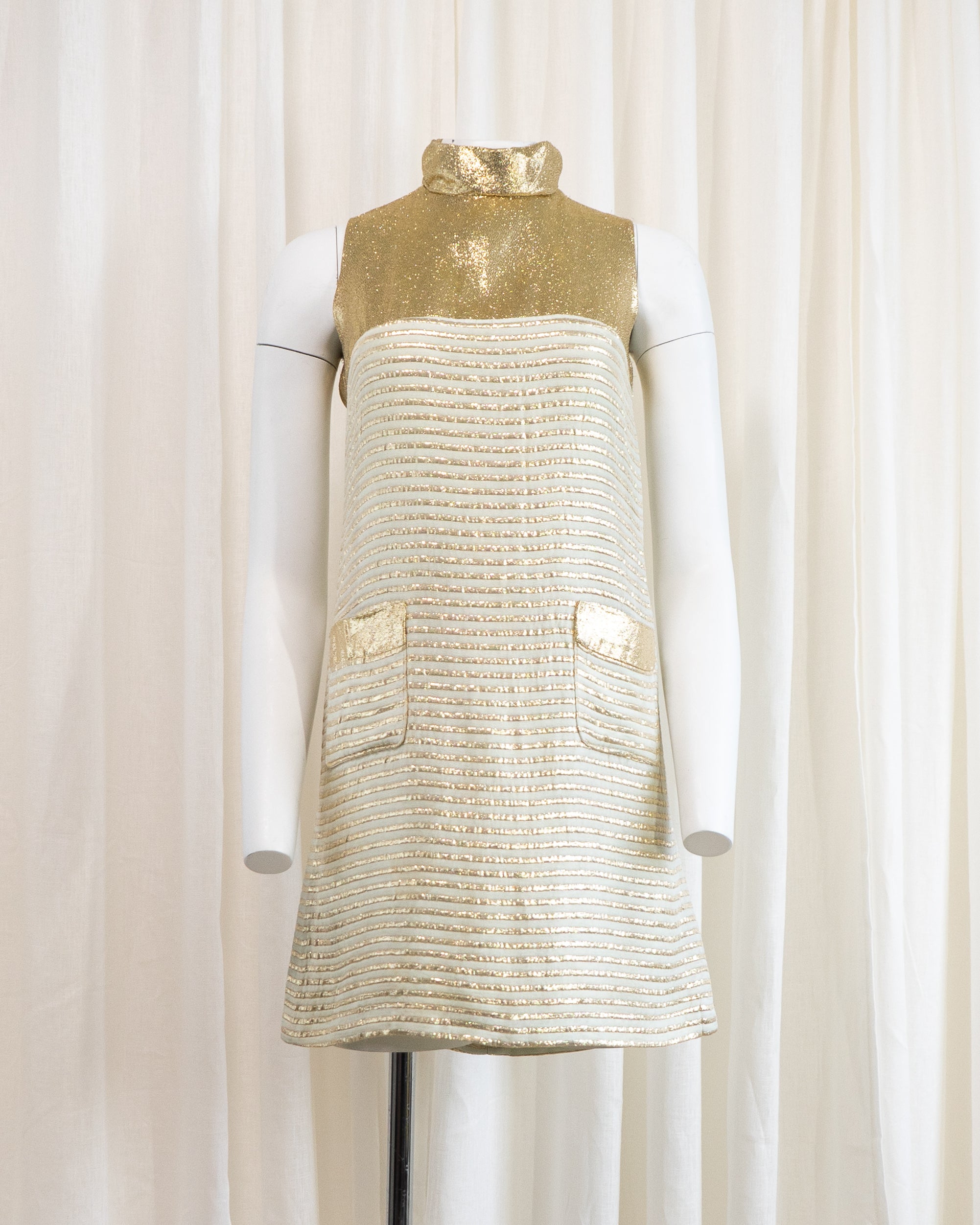 1960s Rhona Roy Gold Lamé Puffy Collar Striped Mini Dress