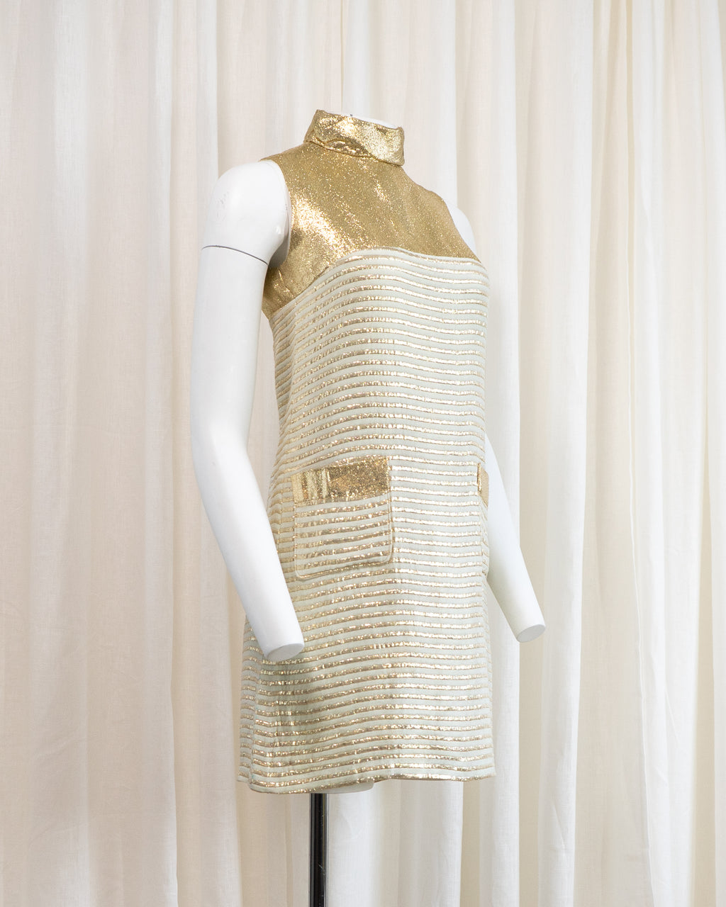 1960s Rhona Roy Gold Lamé Puffy Collar Striped Mini Dress
