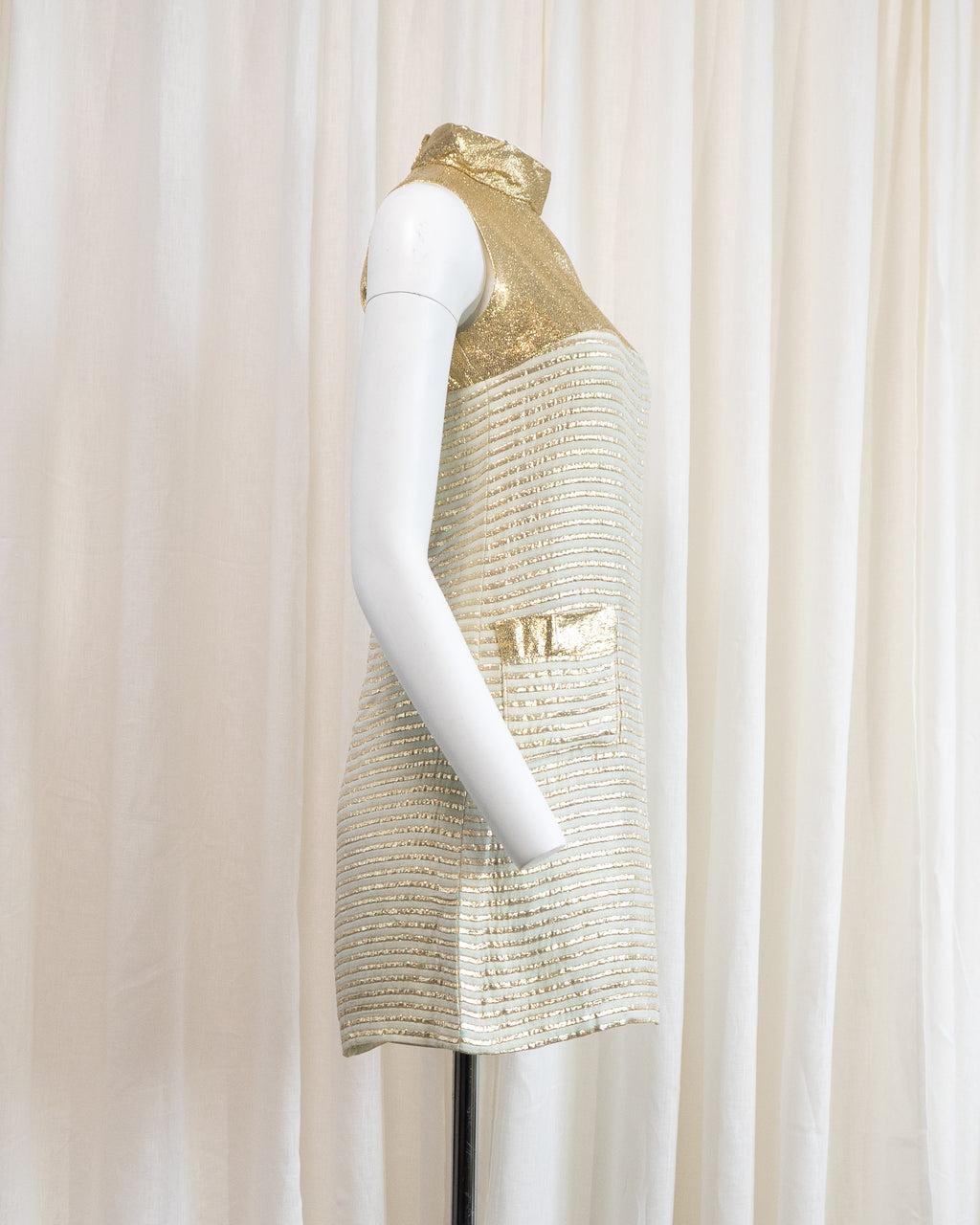 1960s Rhona Roy Gold Lamé Puffy Collar Striped Mini Dress