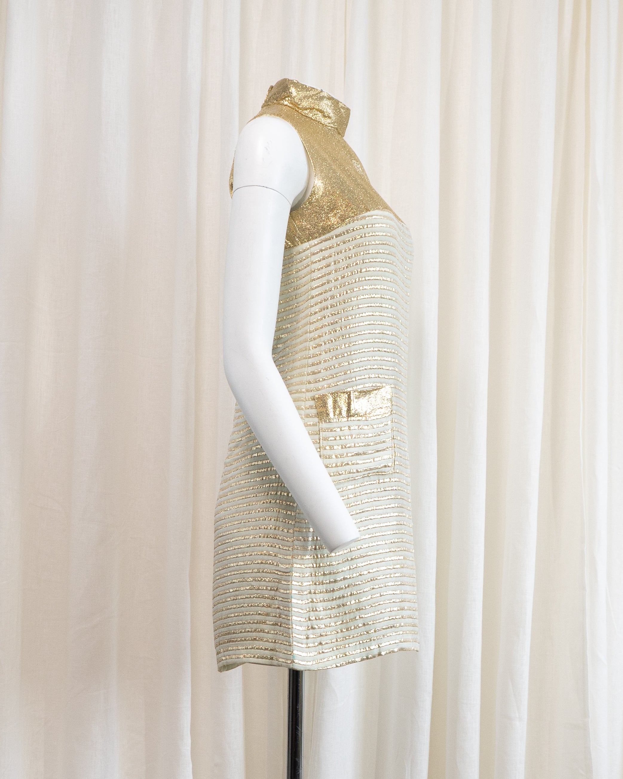 1960s Rhona Roy Gold Lamé Puffy Collar Striped Mini Dress