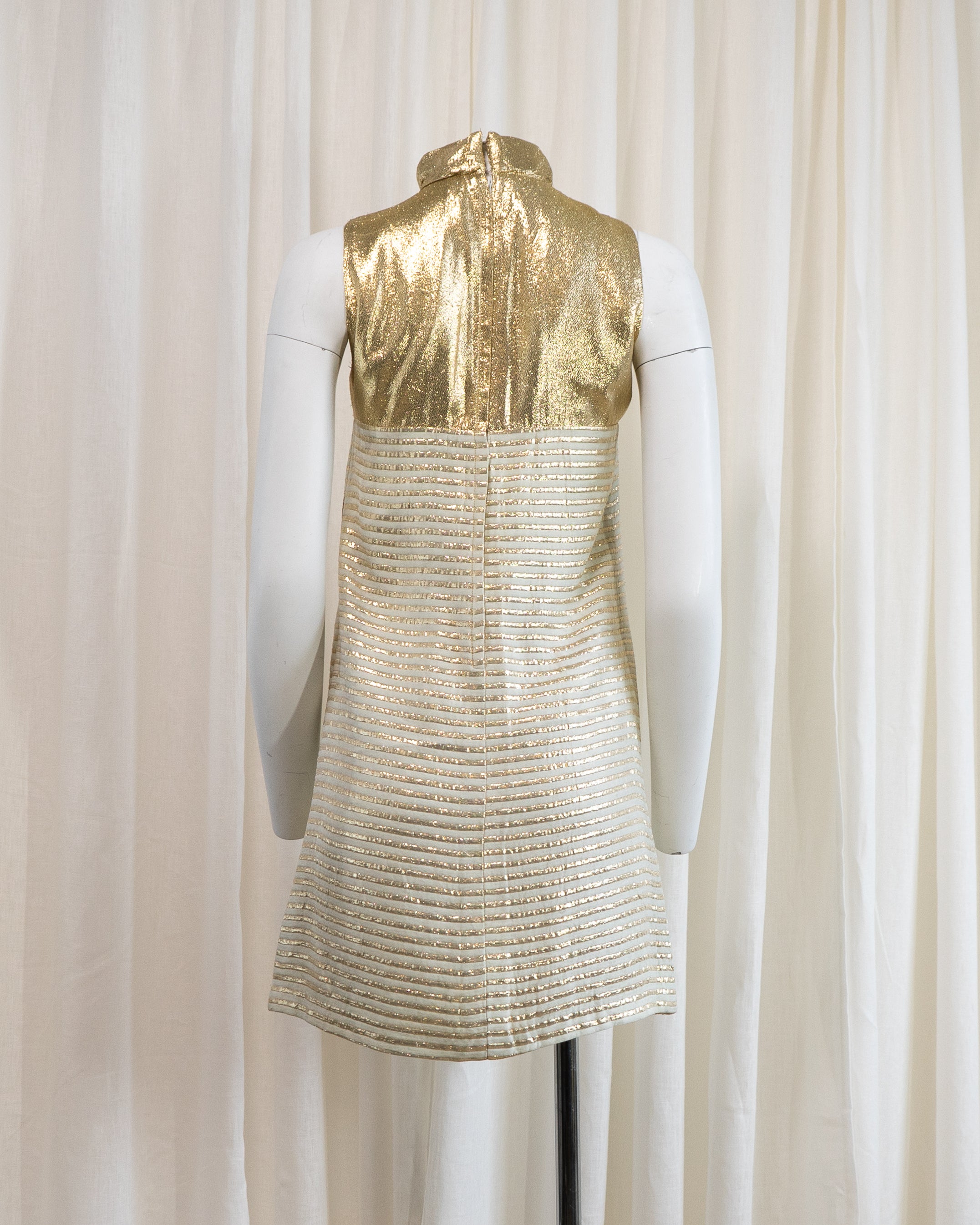 1960s Rhona Roy Gold Lamé Puffy Collar Striped Mini Dress