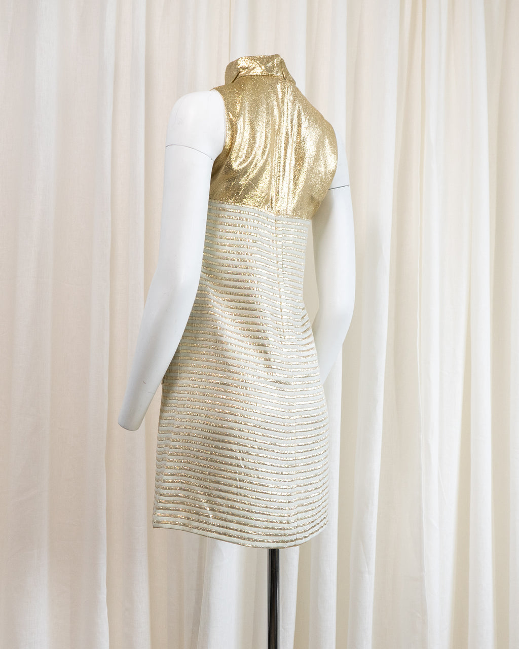 1960s Rhona Roy Gold Lamé Puffy Collar Striped Mini Dress