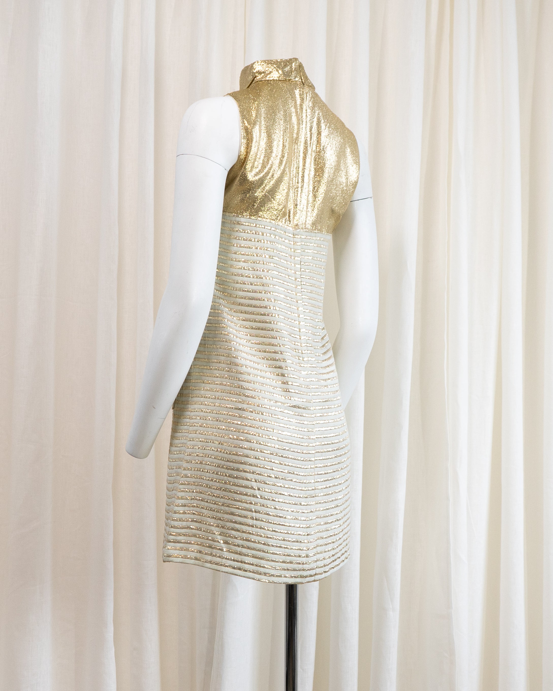 1960s Rhona Roy Gold Lamé Puffy Collar Striped Mini Dress