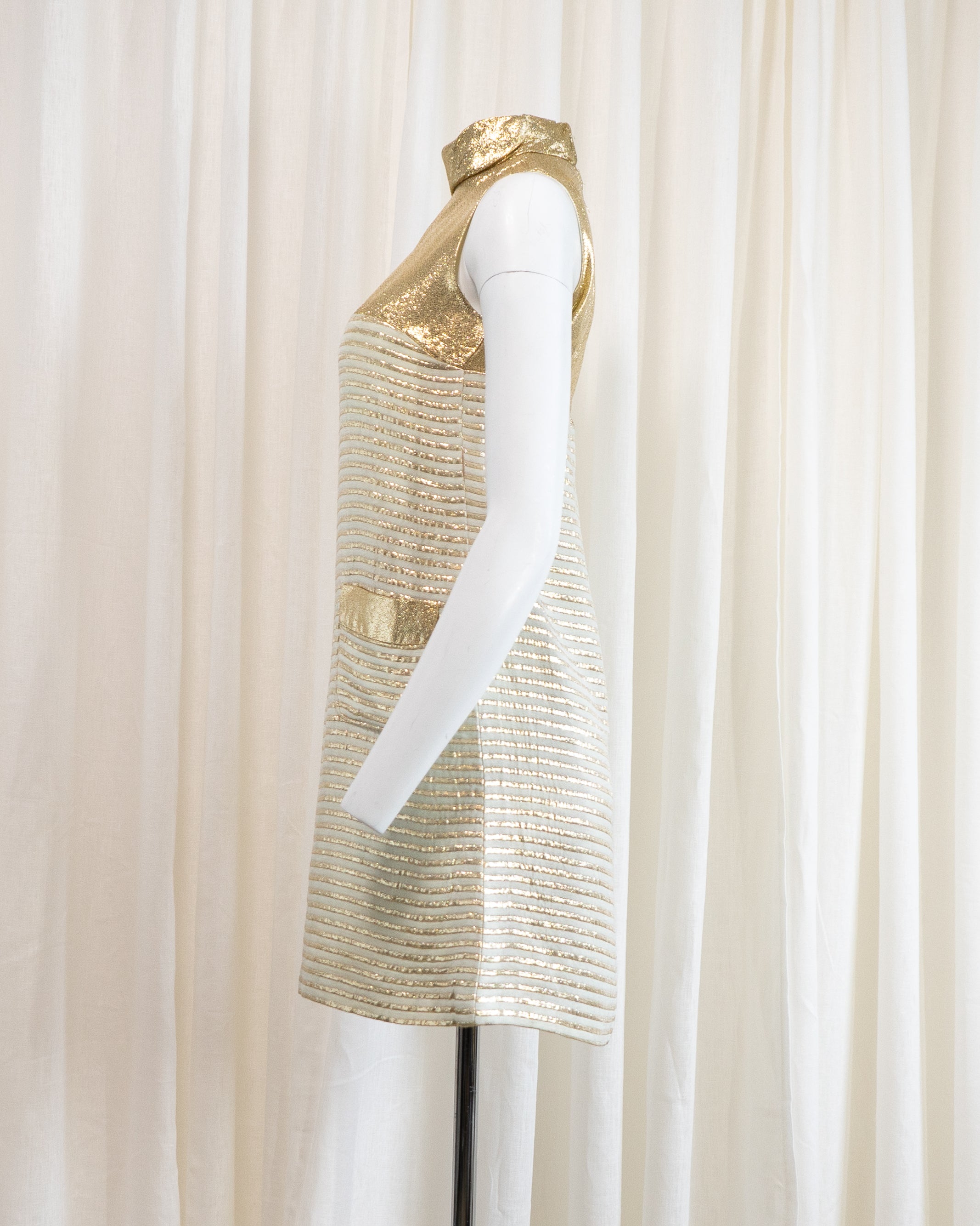 1960s Rhona Roy Gold Lamé Puffy Collar Striped Mini Dress