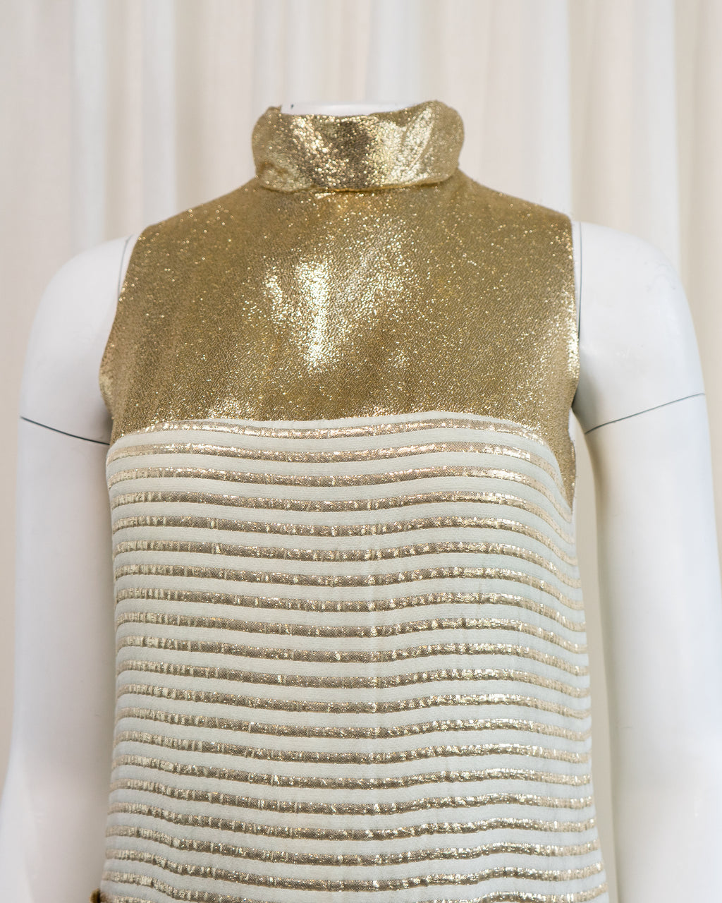 1960s Rhona Roy Gold Lamé Puffy Collar Striped Mini Dress