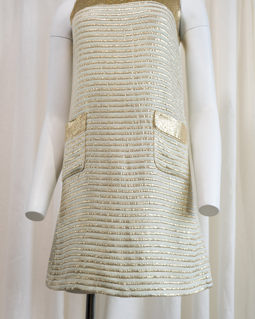 1960s Rhona Roy Gold Lamé Puffy Collar Striped Mini Dress