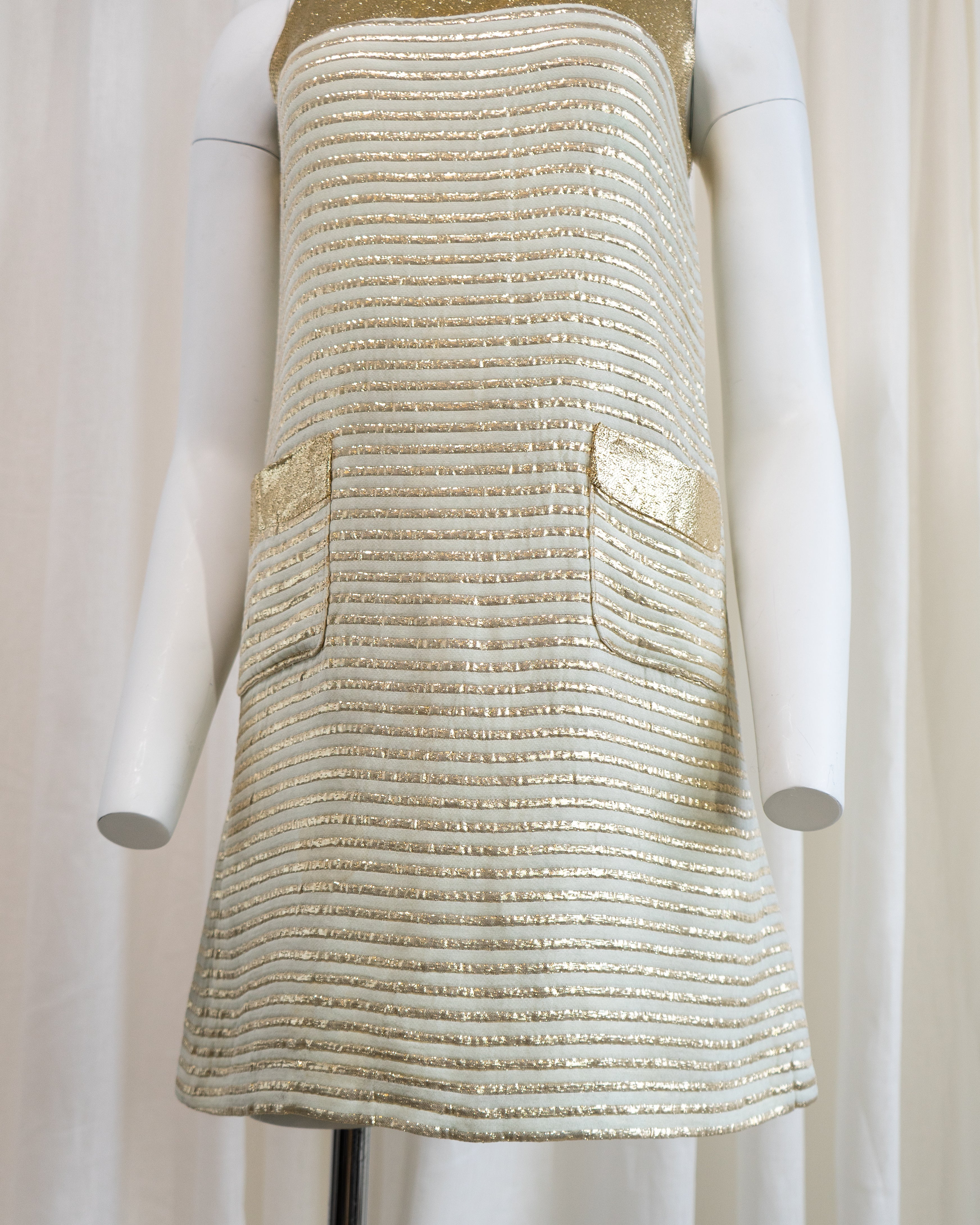 1960s Rhona Roy Gold Lamé Puffy Collar Striped Mini Dress