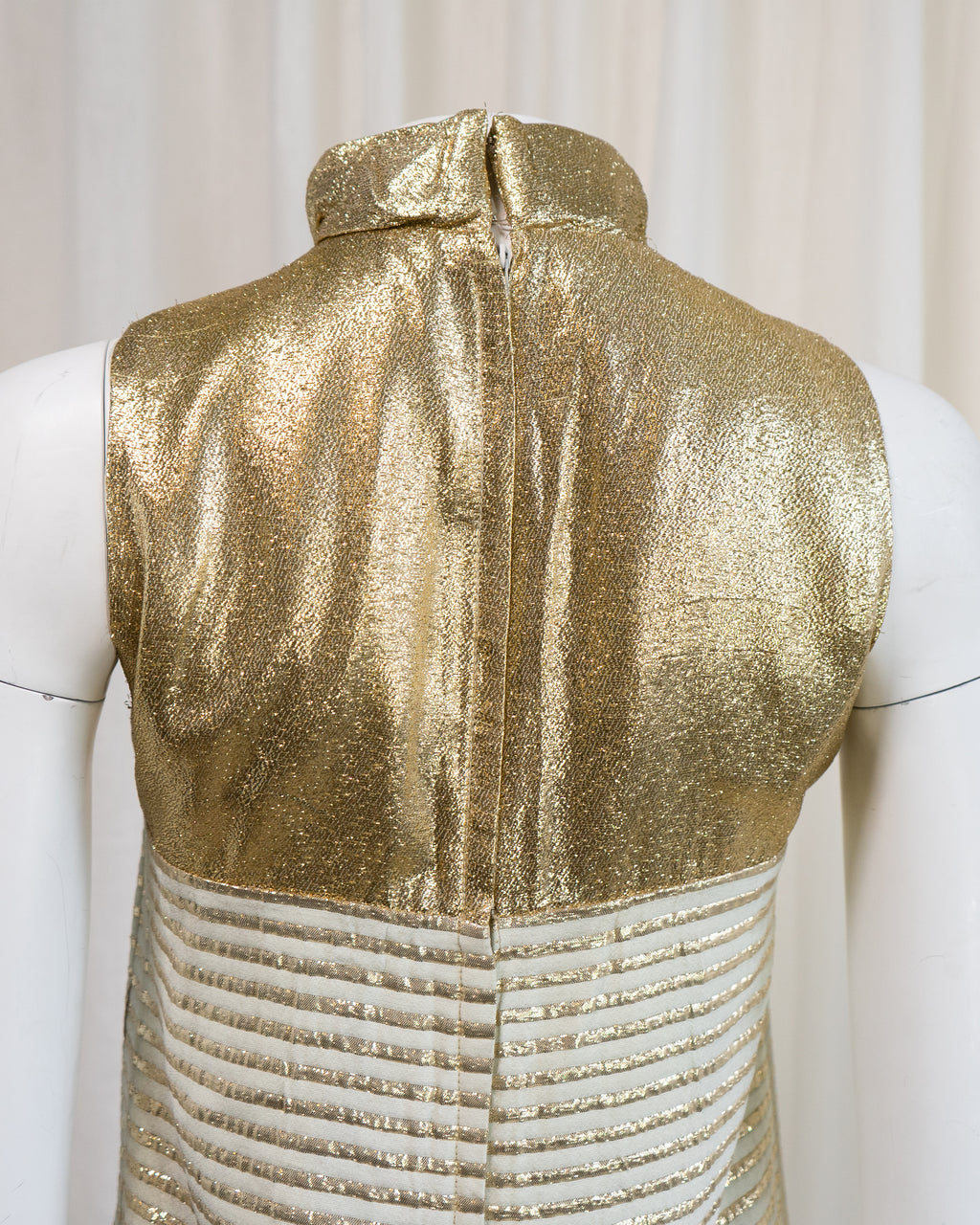 1960s Rhona Roy Gold Lamé Puffy Collar Striped Mini Dress
