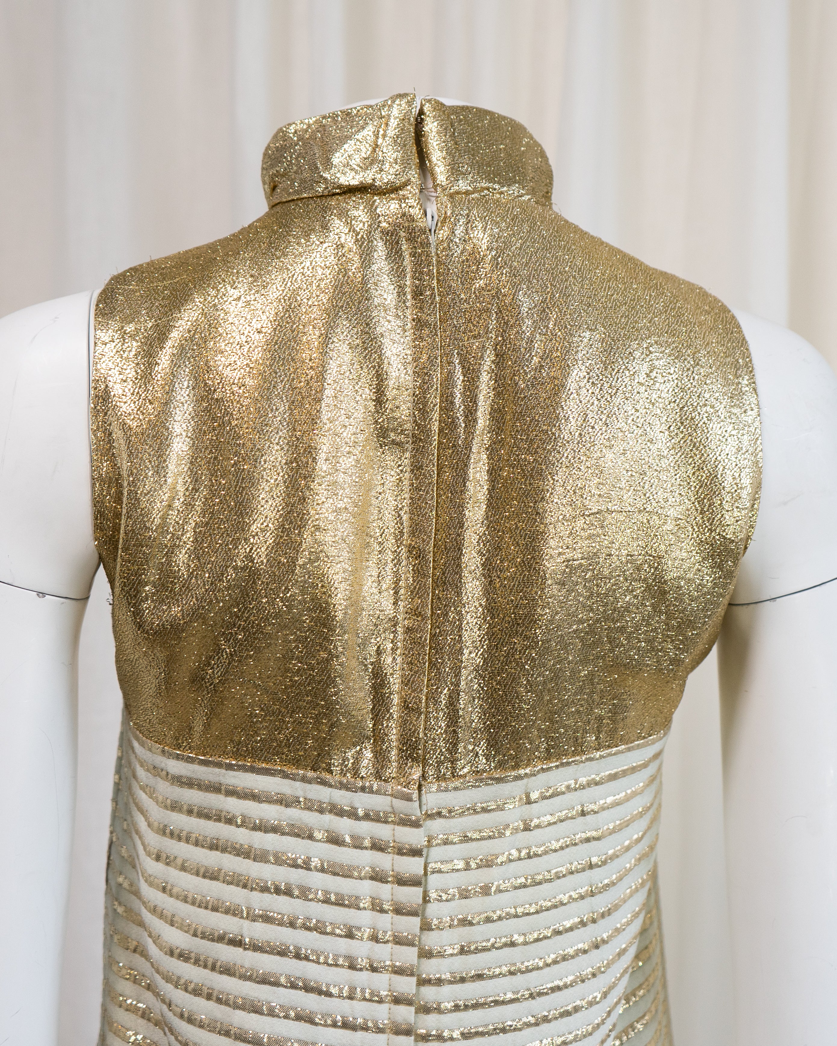 1960s Rhona Roy Gold Lamé Puffy Collar Striped Mini Dress
