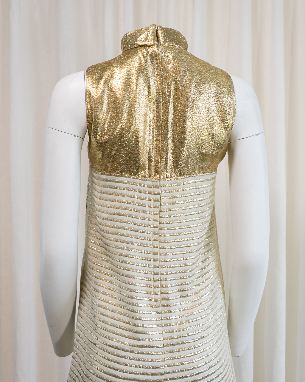 1960s Rhona Roy Gold Lamé Puffy Collar Striped Mini Dress