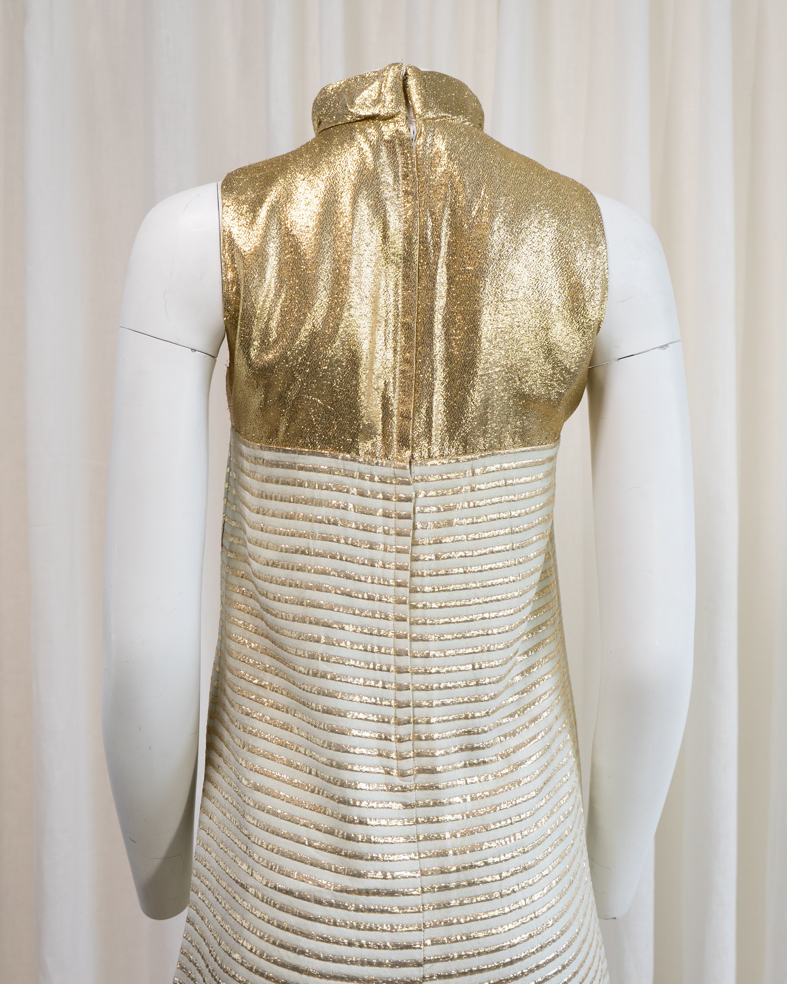 1960s Rhona Roy Gold Lamé Puffy Collar Striped Mini Dress