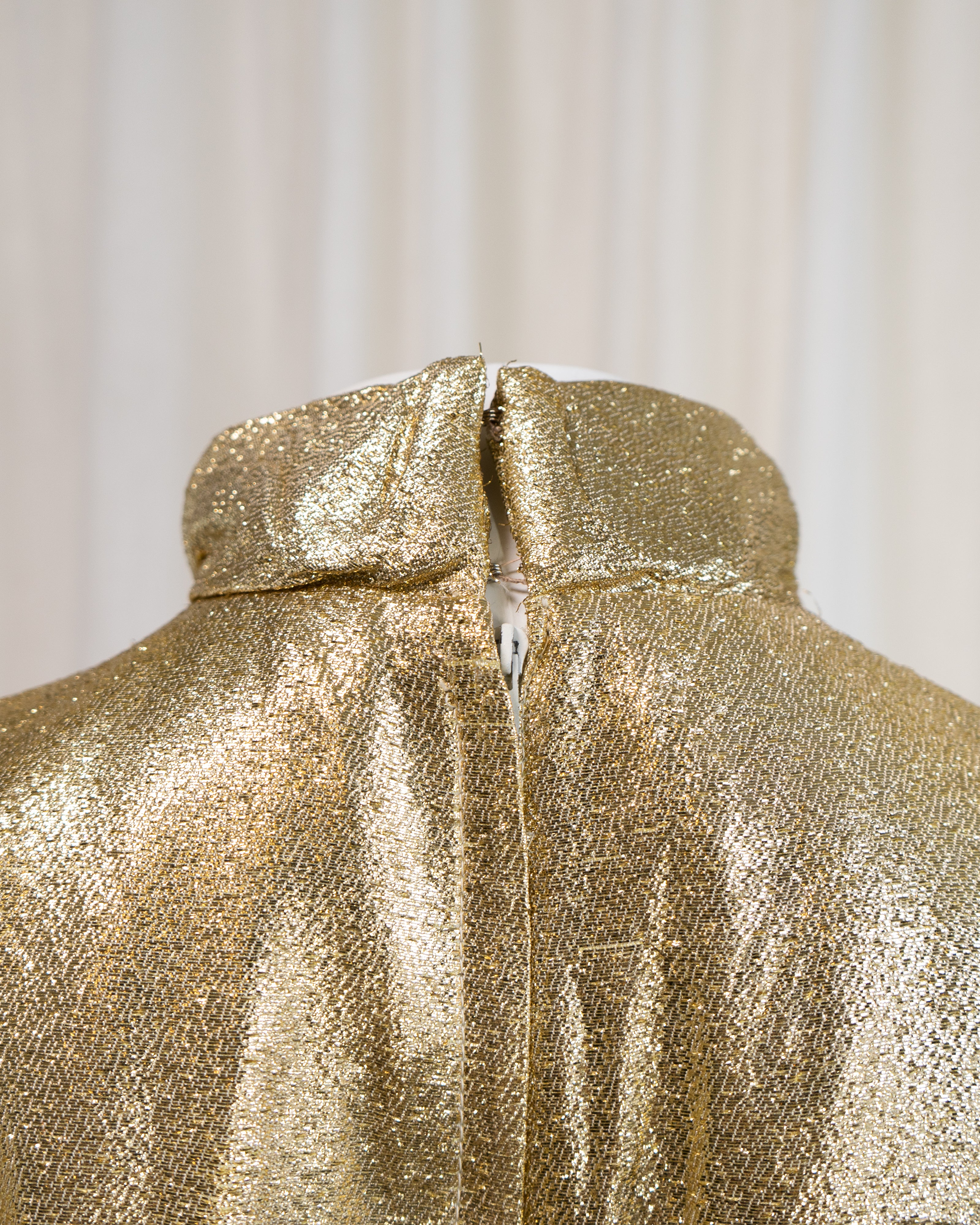 1960s Rhona Roy Gold Lamé Puffy Collar Striped Mini Dress