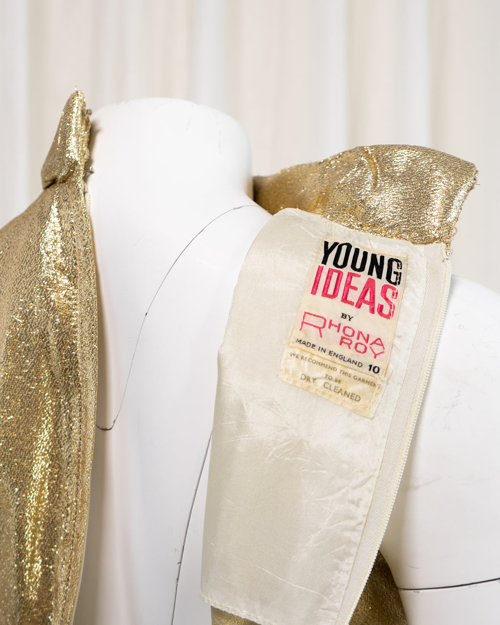 1960s Rhona Roy Gold Lamé Puffy Collar Striped Mini Dress