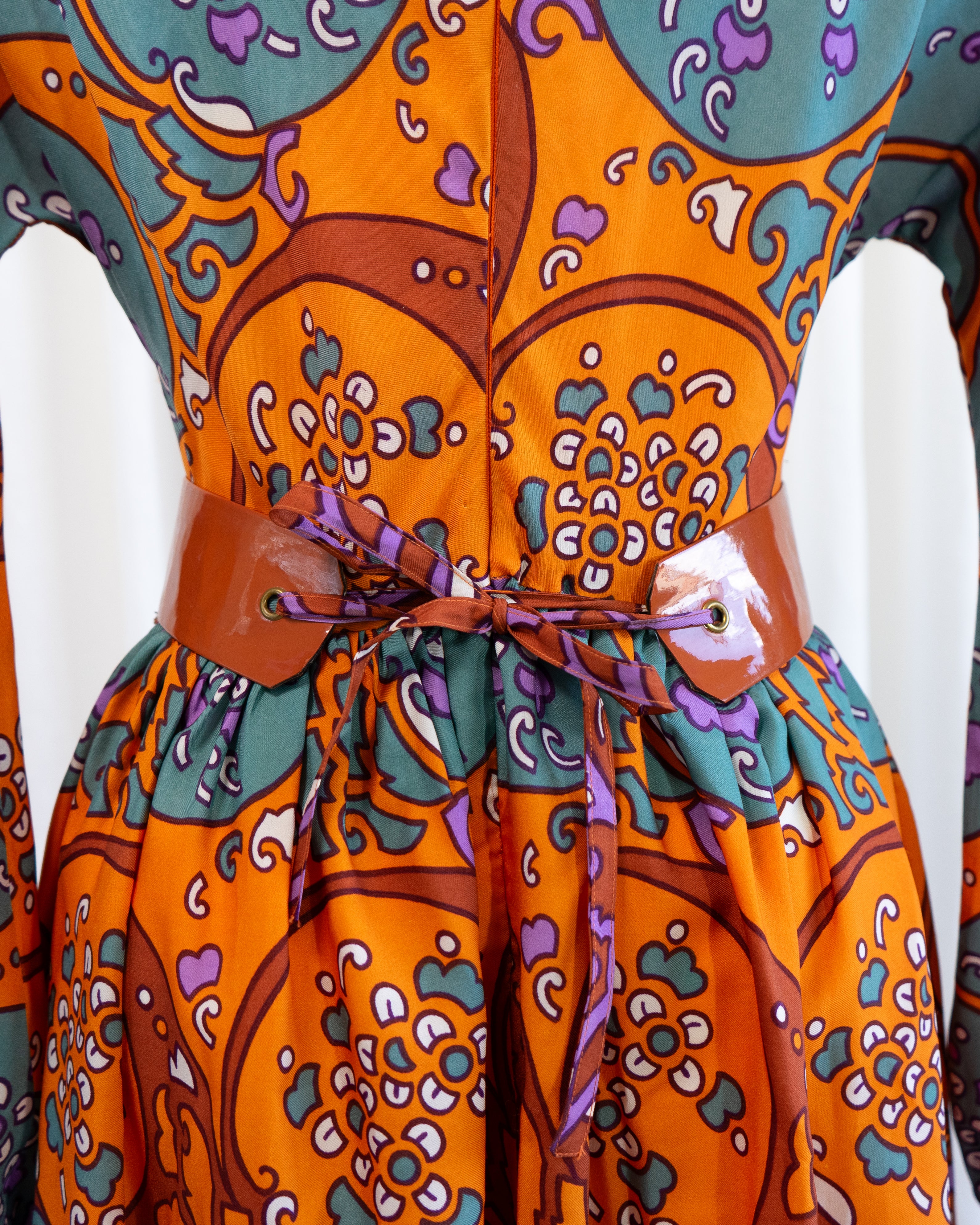 70s Susan Small Art Nouveau Purple Orange Print Belted Maxi