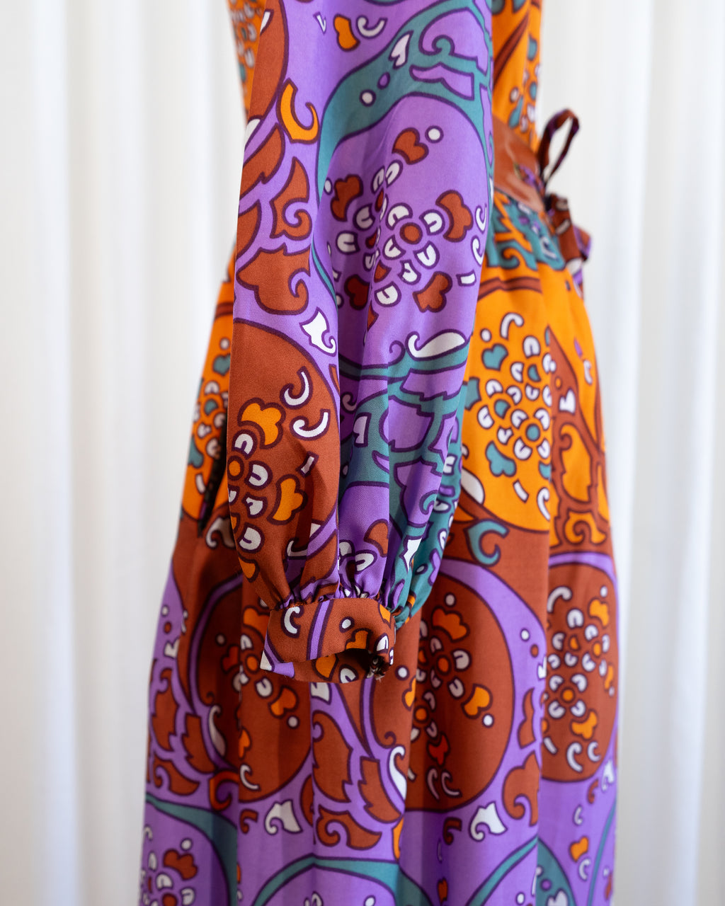 70s Susan Small Art Nouveau Purple Orange Print Belted Maxi