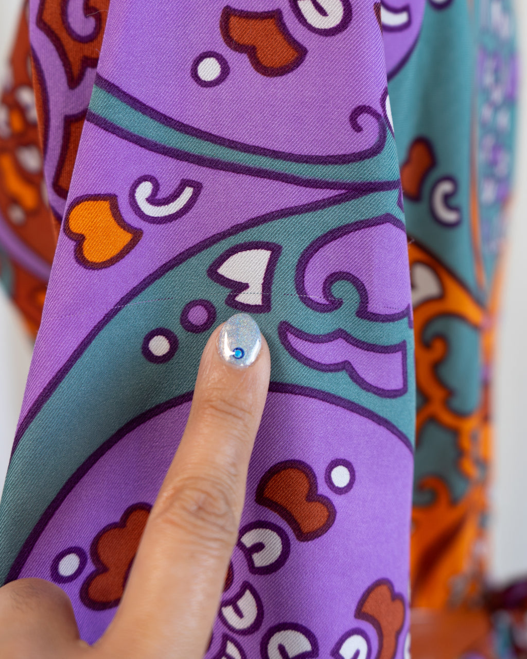 70s Susan Small Art Nouveau Purple Orange Print Belted Maxi