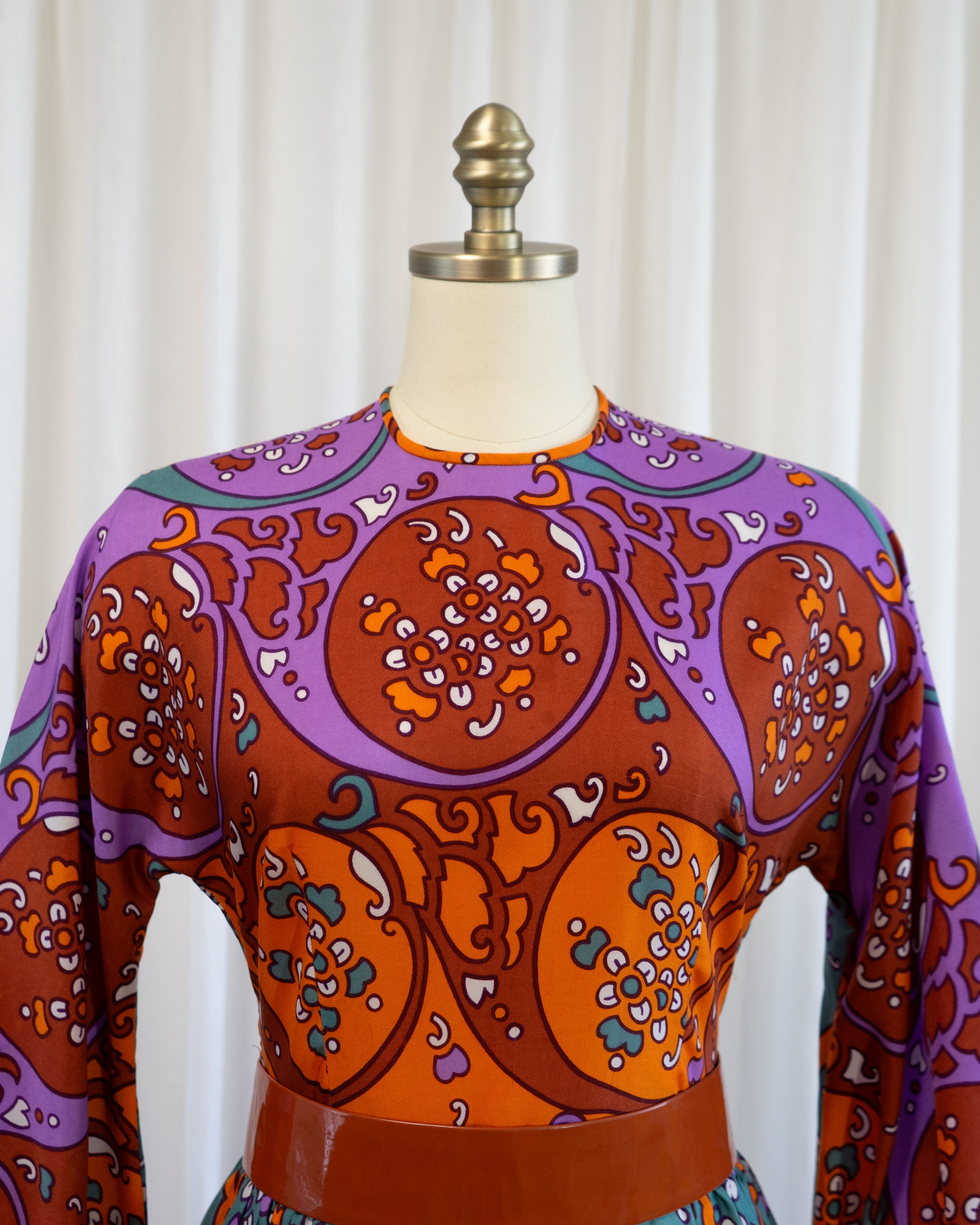 70s Susan Small Art Nouveau Purple Orange Print Belted Maxi