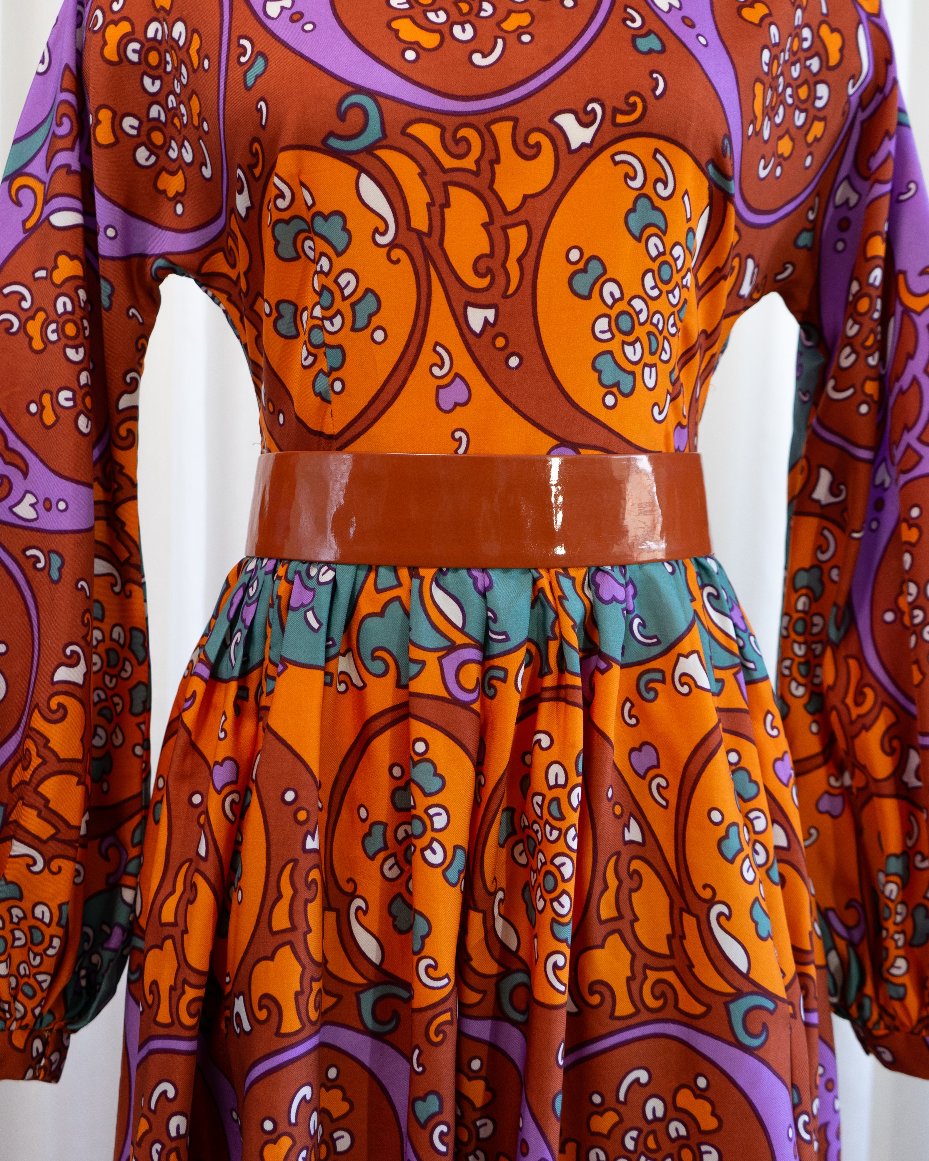 70s Susan Small Art Nouveau Purple Orange Print Belted Maxi