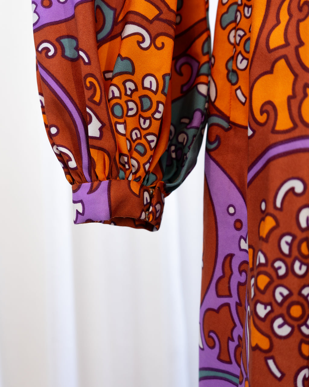 70s Susan Small Art Nouveau Purple Orange Print Belted Maxi